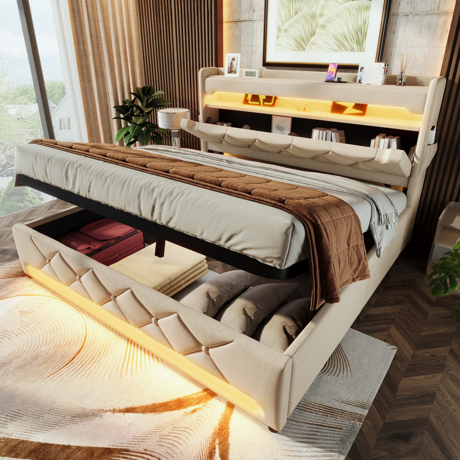 Upholstered Bed 135 X 190 Cm With LED Lighting, USB Type-C Charging, Storage Headboard For Cellphones And Tablets, 4ft6 Hydraulic Storage Bed With Metal Slatted Frame, Linen, Beige No Mattress view 5