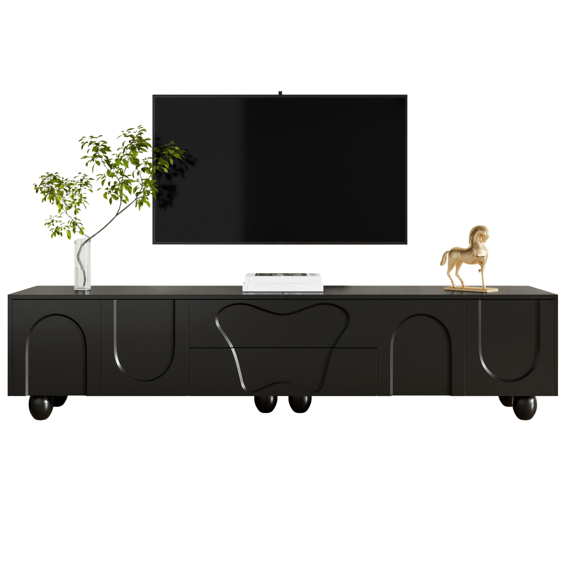 180 Cm Black TV Cabinet With Wooden Legs  A Minimalist And Elegant TV Cabinet With Ample Storage Space, A Unique Design, And Flexible Storage Solutions For A Stylish Living Room. view 5