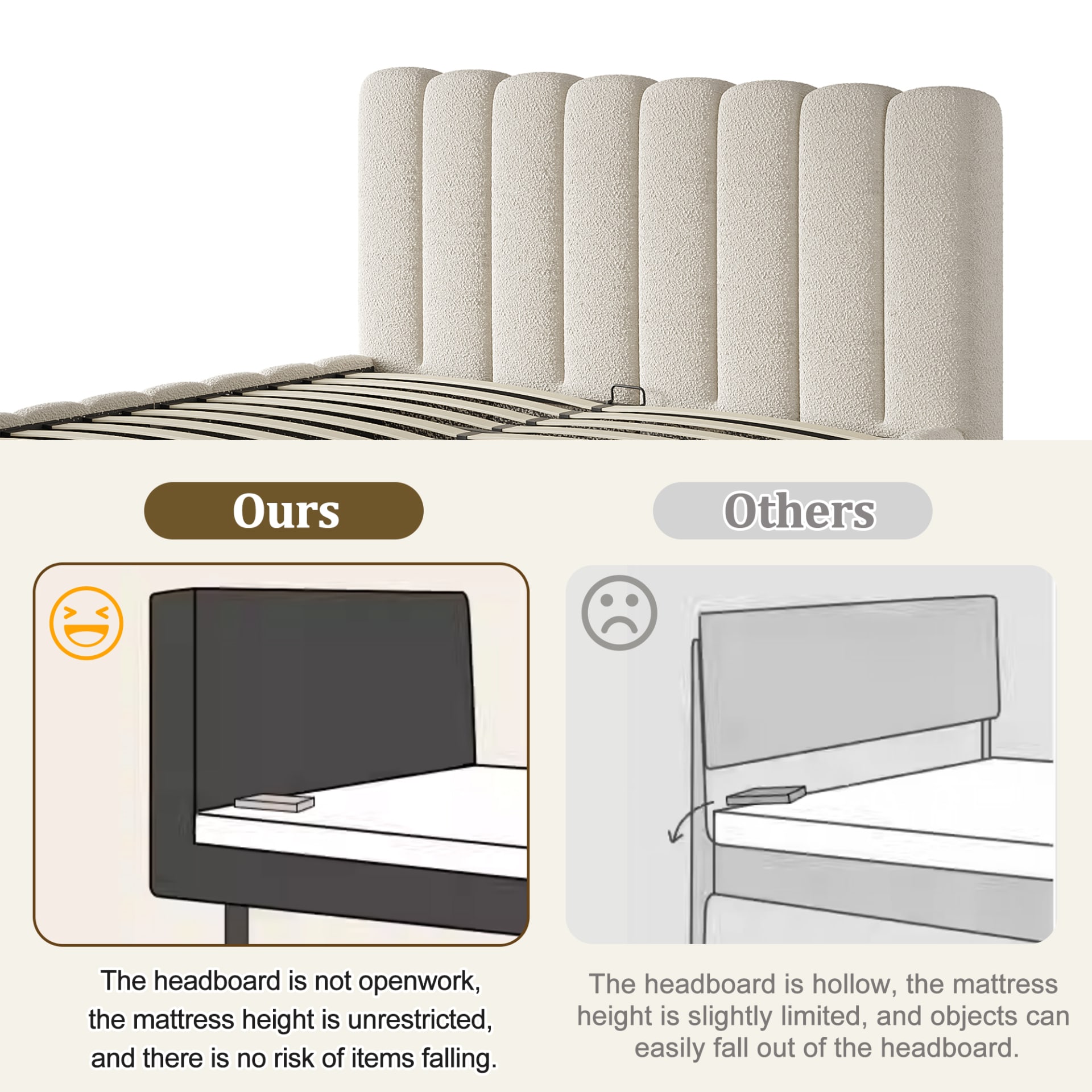 Upholstered Bed, King Size Bed, 5ft-150x200cm, Hydraulic Functional Bed, Bed With Slatted Frame, Headboard And Large Storage Space, Padded Headboard, White Boucle view 5