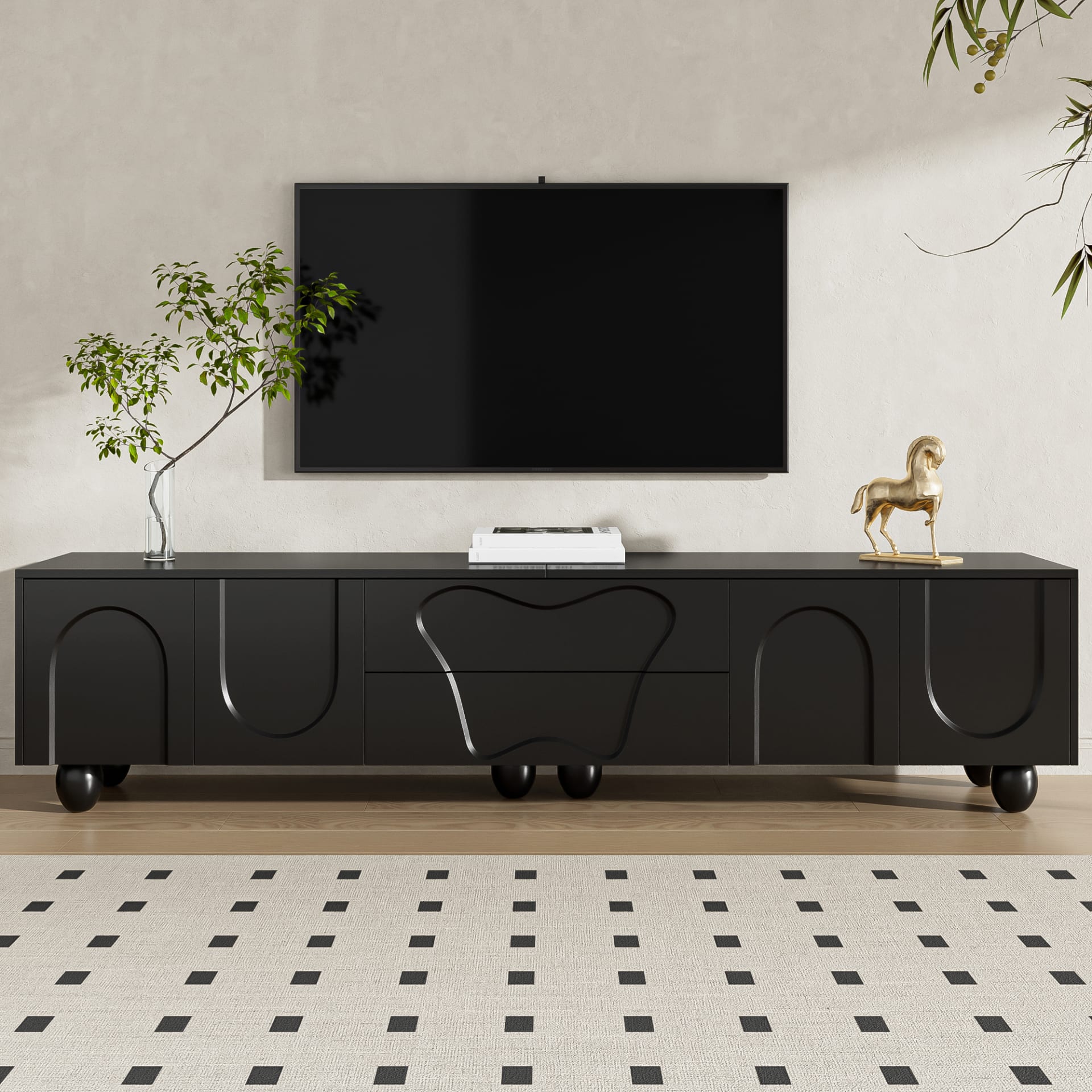 180 Cm Black TV Cabinet With Wooden Legs A Minimalist And Elegant TV Cabinet With Ample Storage Space, A Unique Design, And Flexible Storage Solutions For A Stylish Living Room.