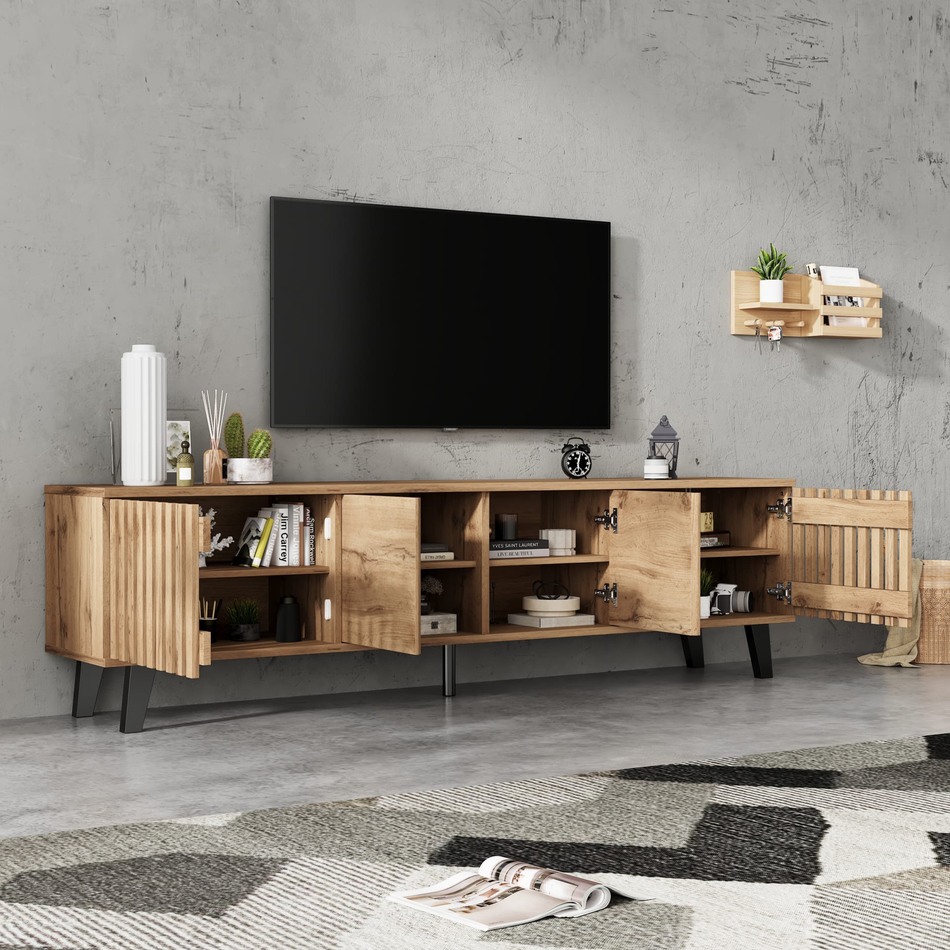 Modern Vintage TV Stand With 4 Doors, TV Cabinet Storage Sideboard With Unique Design,TV Entertainment Center, For Livingroom Bedroom, TV Console,TV Unit, 180x40x55cm, Wood, For 70 Inch TV view 2