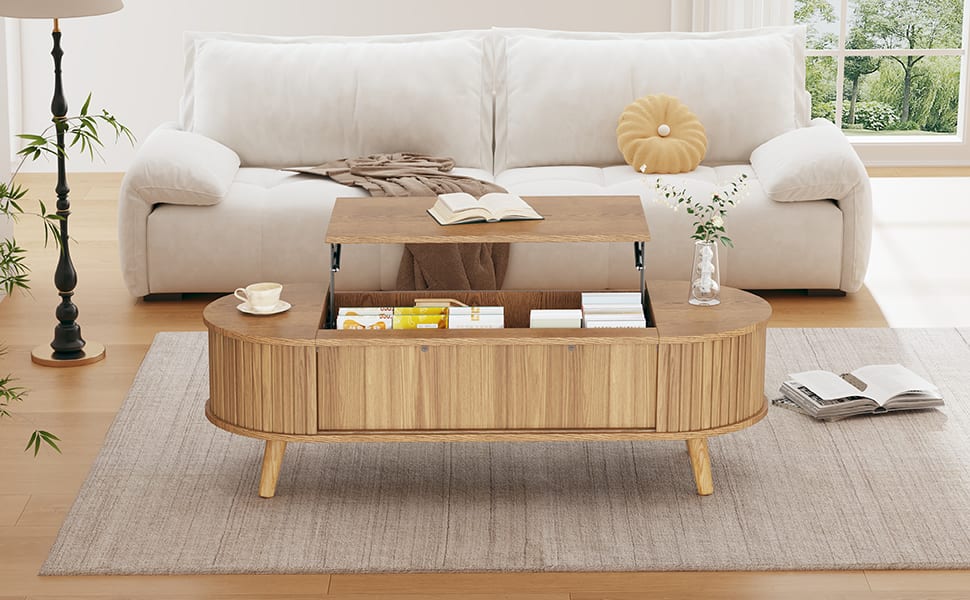 Lift Up Oval Coffee Table With Hidden Storage, Centre Table, Lifting Sofa Side Table, Space-saving End Table For Living Room Bedroom, Reception, Tea Table, 120 X 50 X 39.5cm, Natural Wood view 2