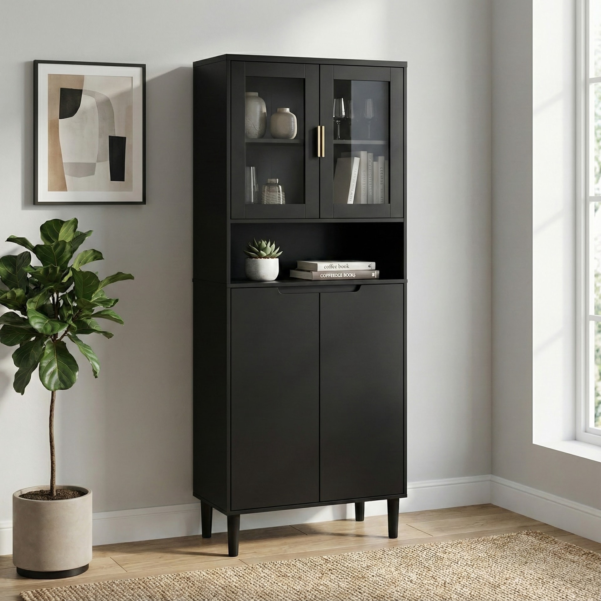 Tempered Glass Door Tall Storage Bookcase With Adjustable Board, 4 Doors MDF Painting Finished Cabinet, Black, Living Room Bedroom Storage view 4