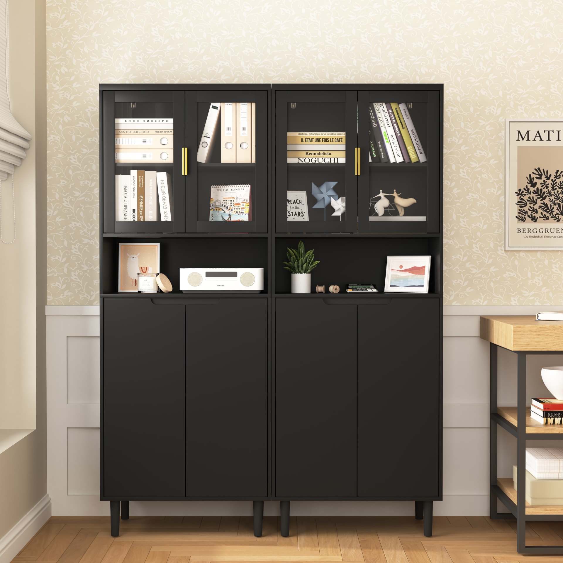 Tempered Glass Door Tall Storage Bookcase With Adjustable Board, 4 Doors MDF Painting Finished Cabinet, Black, Living Room Bedroom Storage view 5
