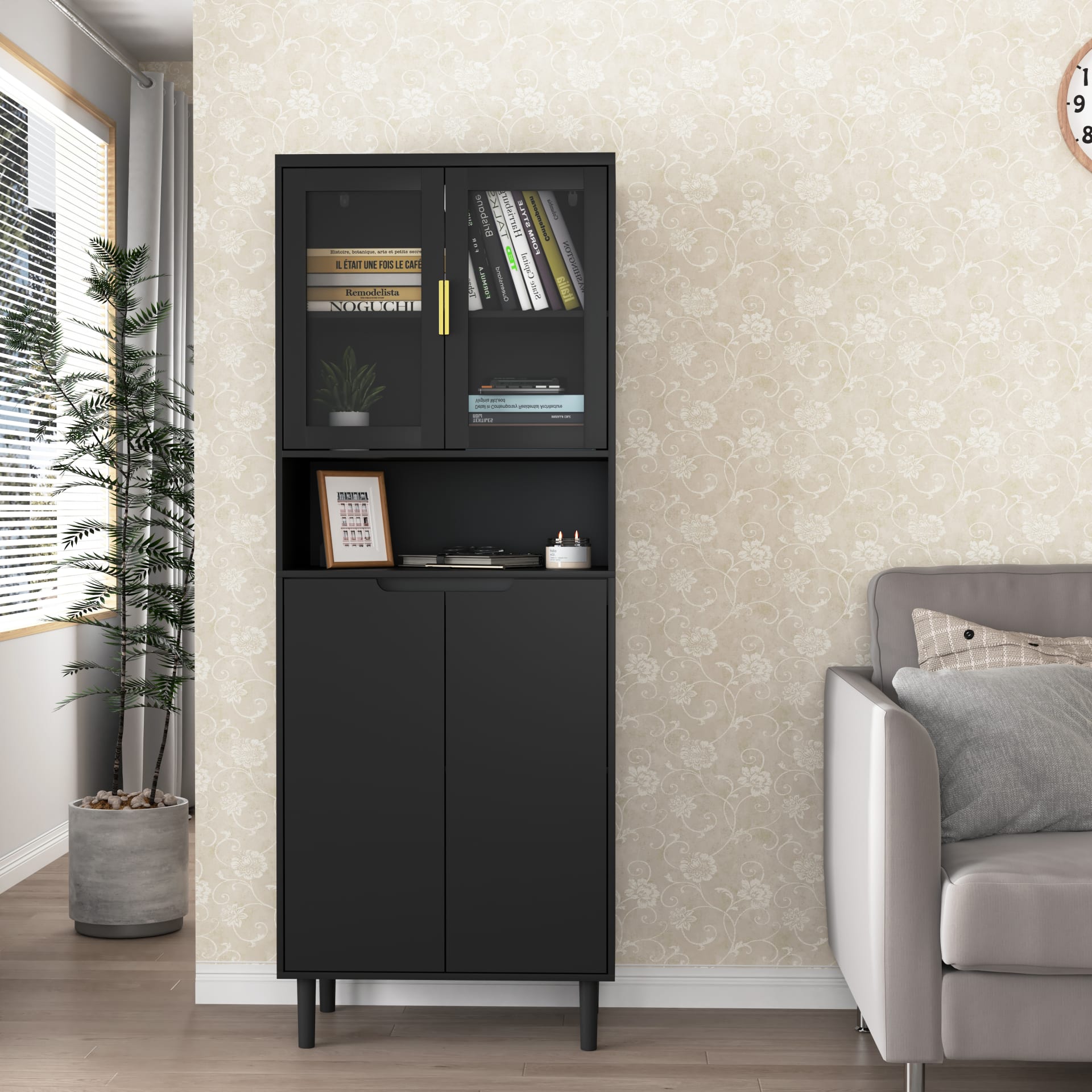 Tempered Glass Door Tall Storage Bookcase With Adjustable Board, 4 Doors MDF Painting Finished Cabinet, Black, Living Room Bedroom Storage view 1