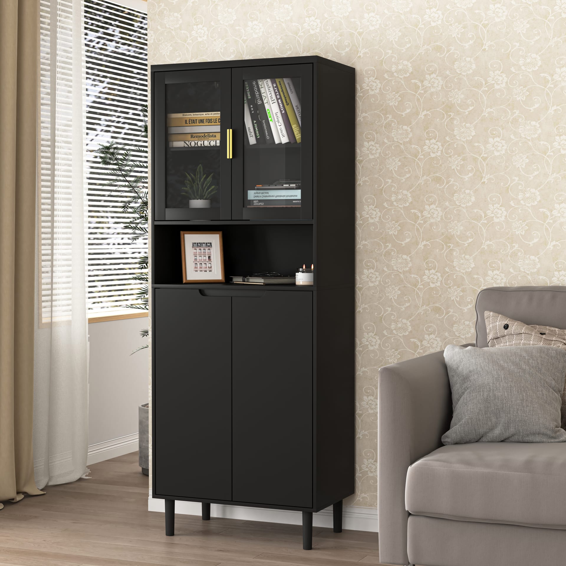 Tempered Glass Door Tall Storage Bookcase With Adjustable Board, 4 Doors MDF Painting Finished Cabinet, Black, Living Room Bedroom Storage view 3