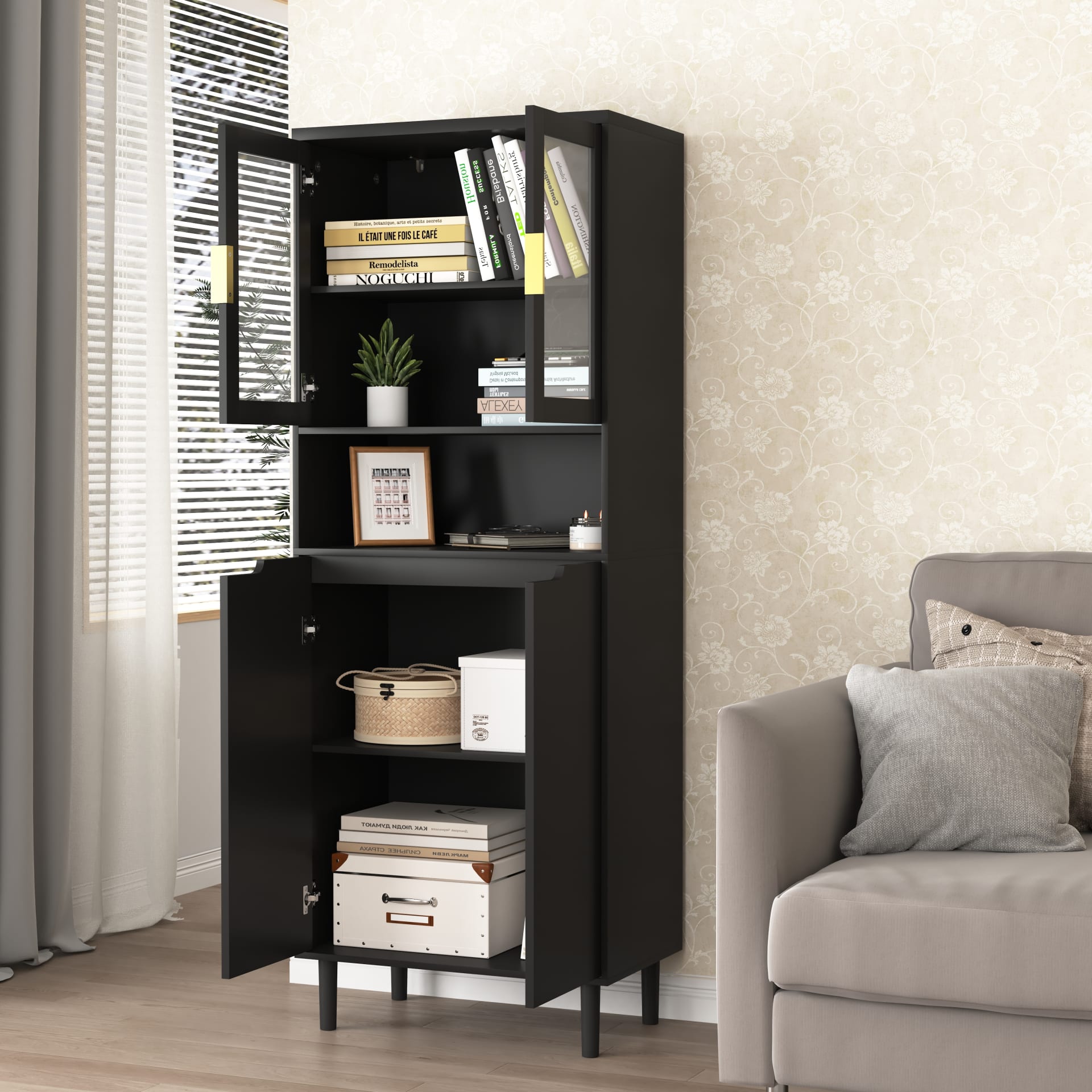 Tempered Glass Door Tall Storage Bookcase With Adjustable Board, 4 Doors MDF Painting Finished Cabinet, Black, Living Room Bedroom Storage view 2