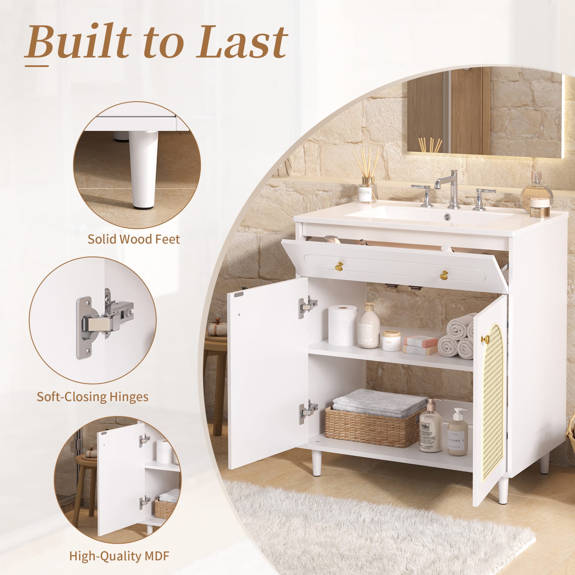 30 Bathroom Vanity With Ceramic Sink, Solid Wood Frame Bathroom Sink Cabinet With Adjustable Shelf, Tip-Drawer, Rattan Front Panels view 2