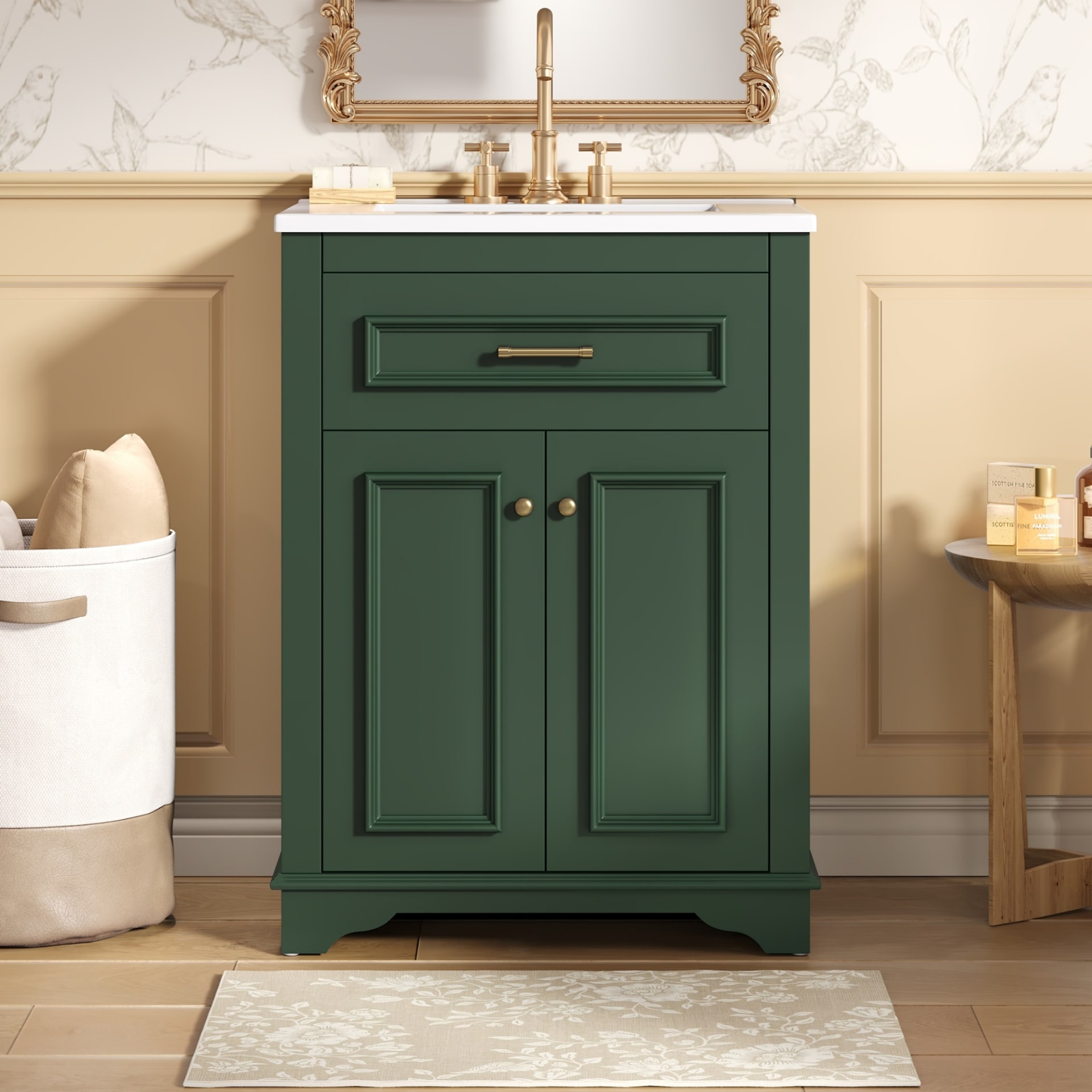 24 Bathroom Vanity With Integrated Ceramic Sink, Bathroom Cabinet With 2 Doors, 1 Tip-Out Drawer, Single Sink Bathroom Vanity For Small And Medium Restroom, Green view 4