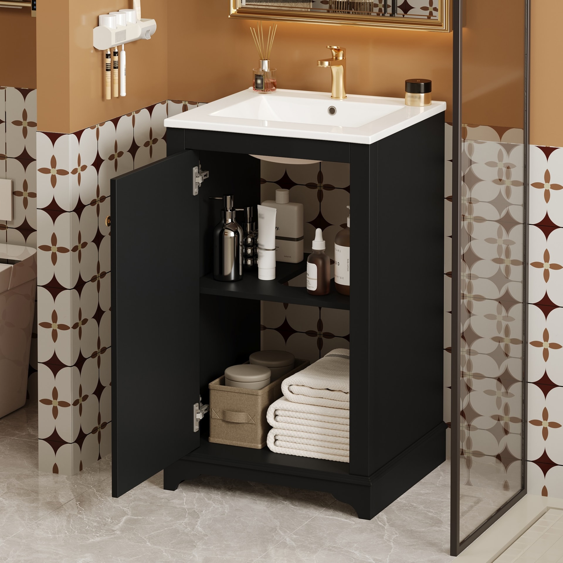 20-inch Bathroom Vanity With Ceramic Sink, Freestanding Single Vanity Set With Soft Closing Door, Adjustable Shelf, Modern Style, Black. view 3