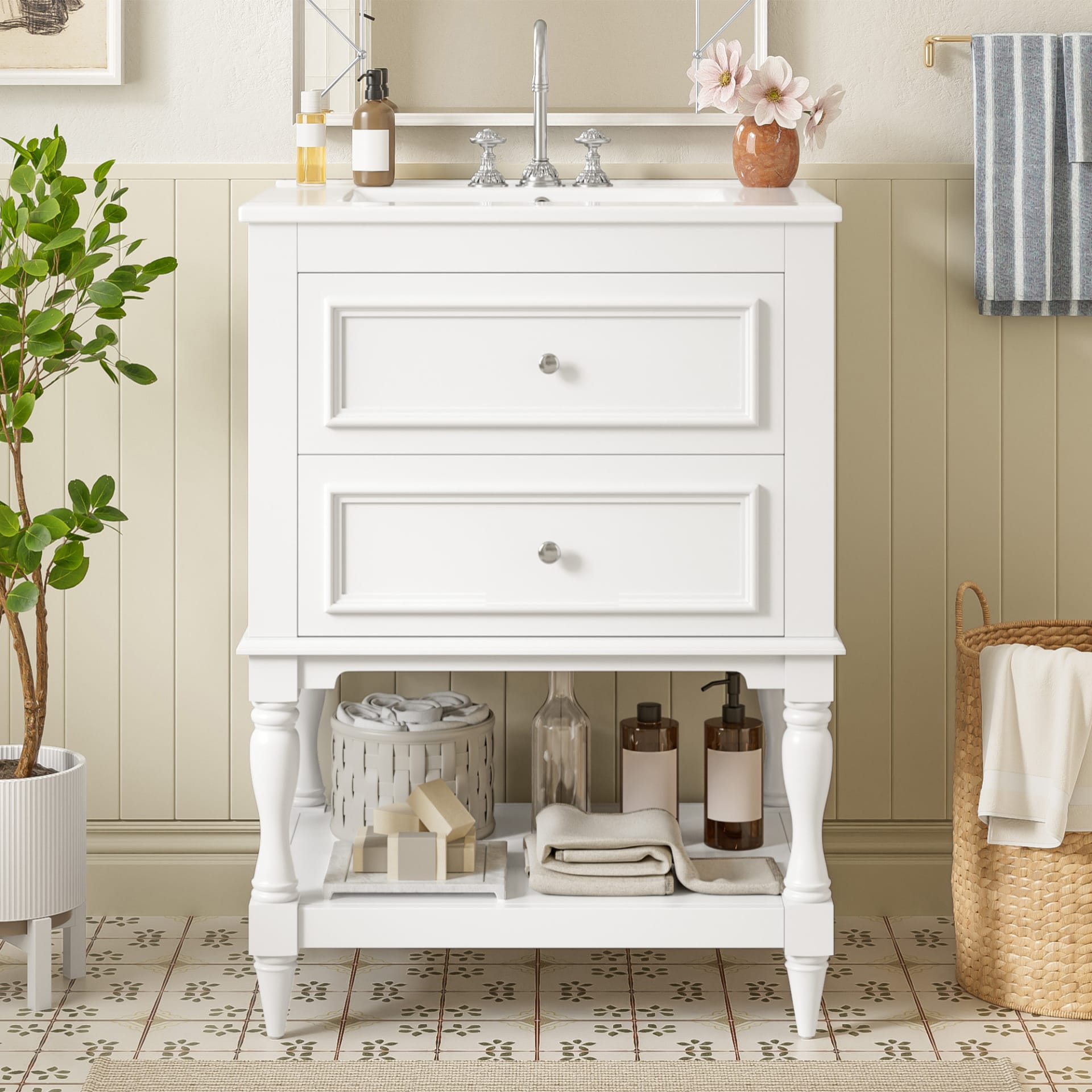 24'' Bathroom Vanity With Ceramic Sink, Bathroom Storage Cabinet With Open Shelf , Retro Design Bathroom Cabinet With 2 Drawers view 1