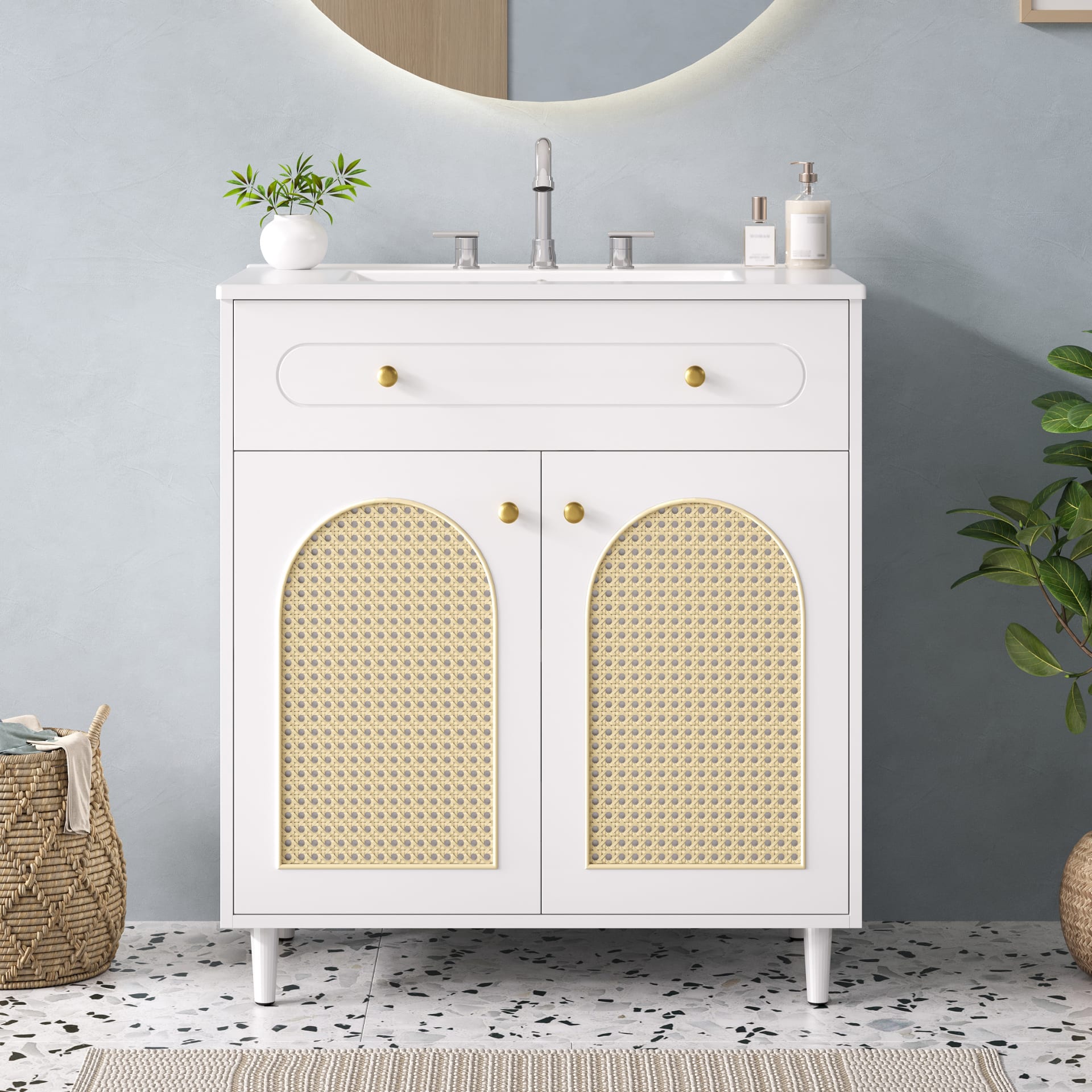 30 Bathroom Vanity With Ceramic Sink, Solid Wood Frame Bathroom Sink Cabinet With Adjustable Shelf, Tip-Drawer, Rattan Front Panels view 3