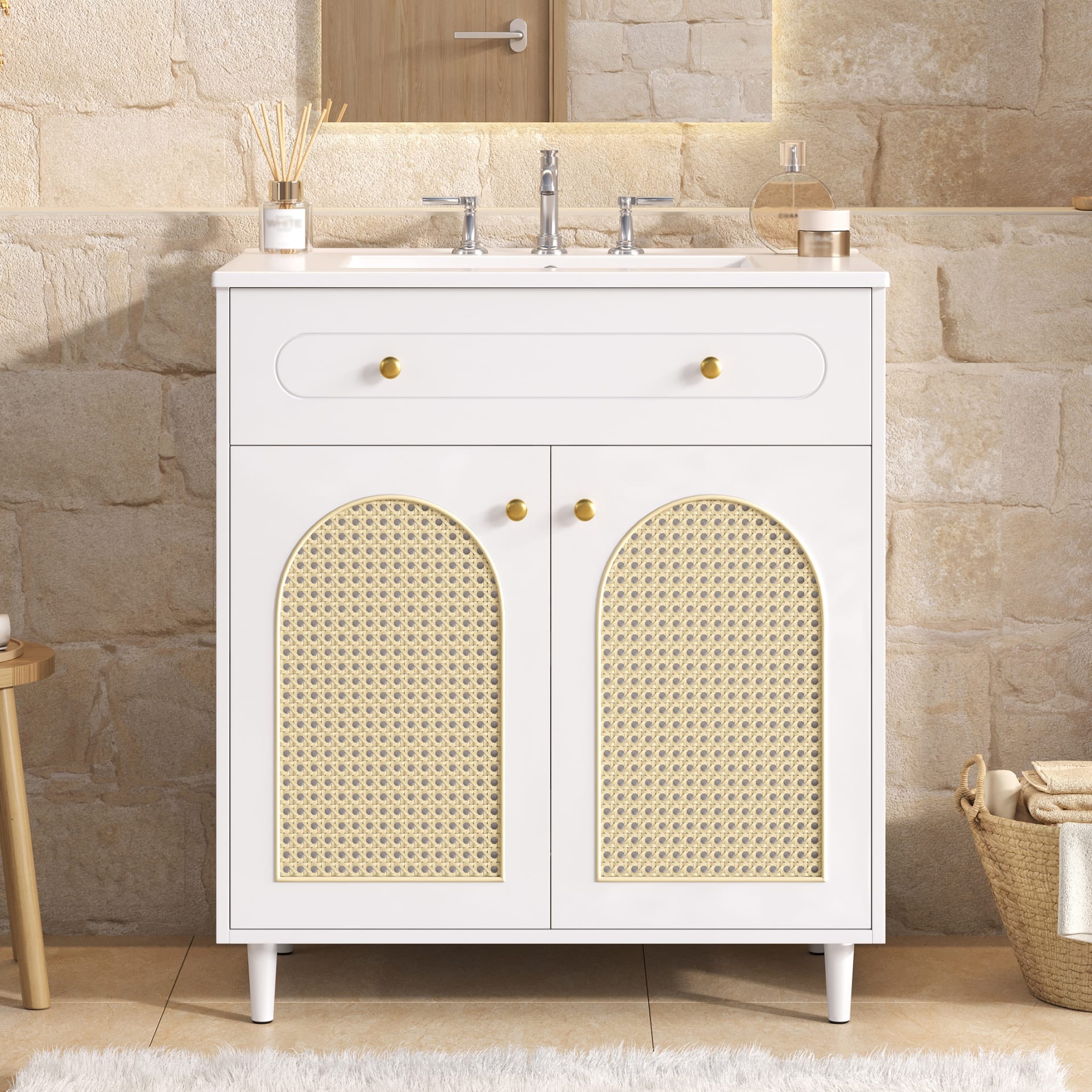 30 Bathroom Vanity With Ceramic Sink, Solid Wood Frame Bathroom Sink Cabinet With Adjustable Shelf, Tip-Drawer, Rattan Front Panels view 5