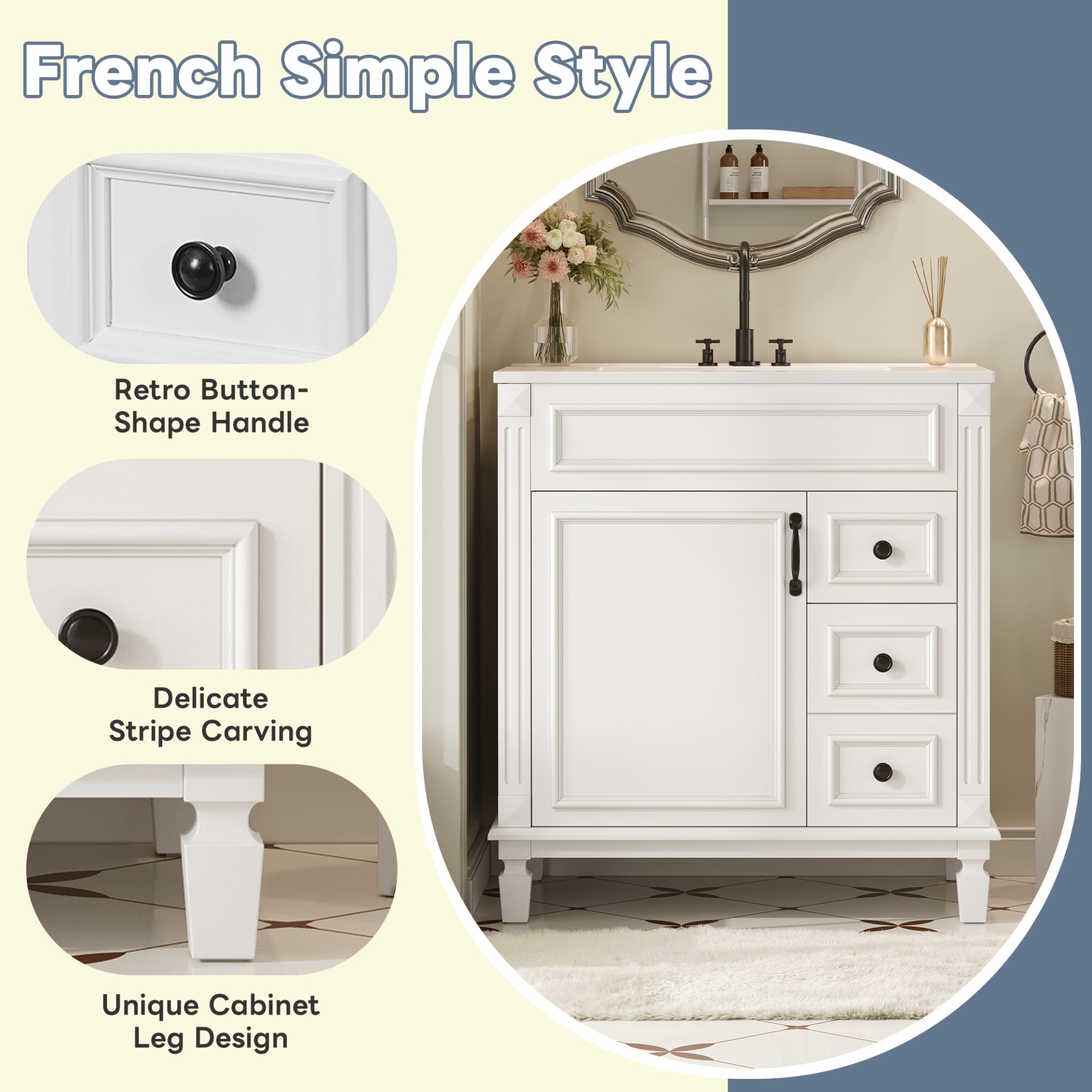 30 Bathroom Vanity With Ceramic Sink, Small Bathroom Sink Cabinet, Modern Cabinet With 2 Drawers And Adjustable Shelf view 2