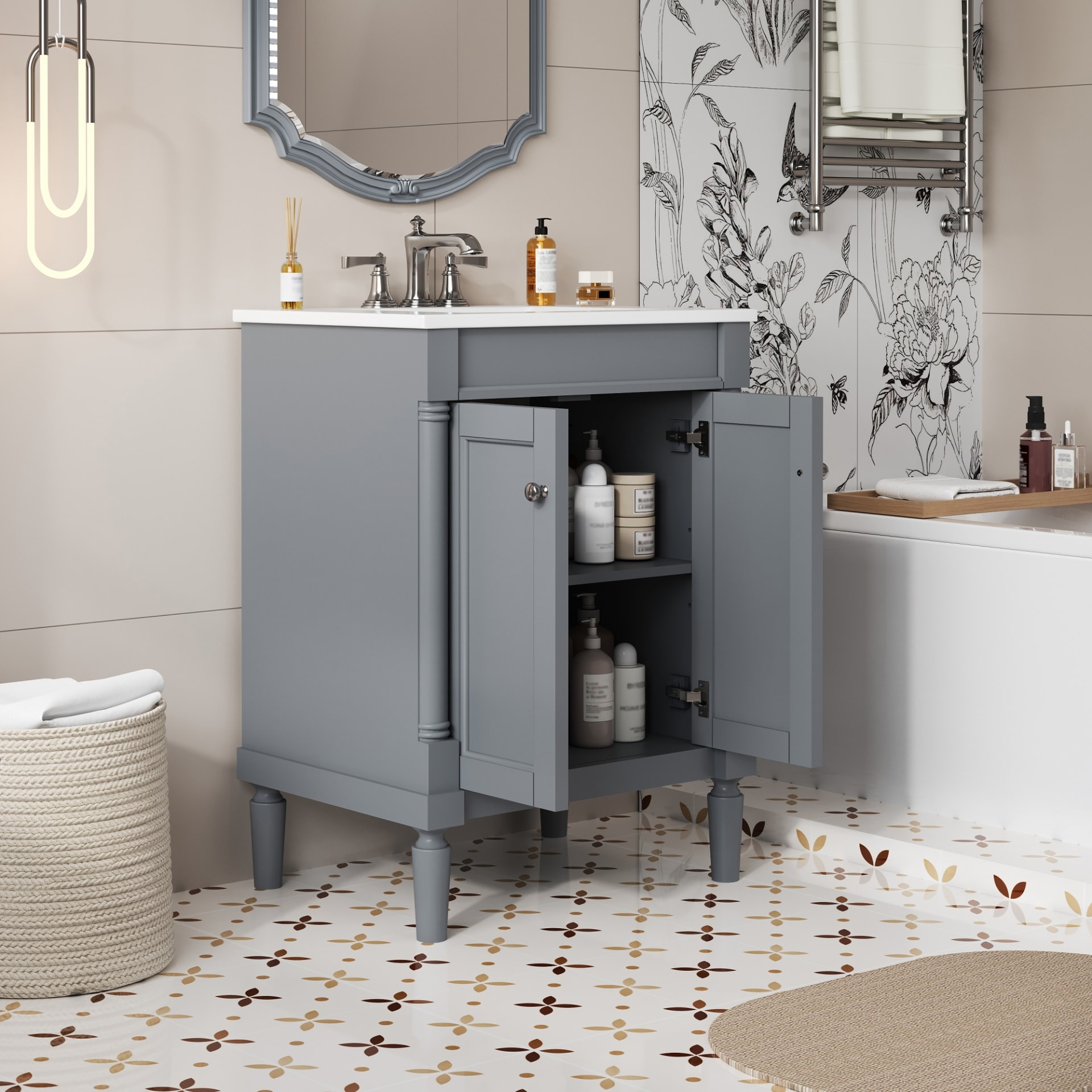 24'' Bathroom Vanity With Top Sink, 2-Tier Modern Bathroom Storage Cabinet, Single Sink Bathroom Vanity, Large Storage Shelves view 2