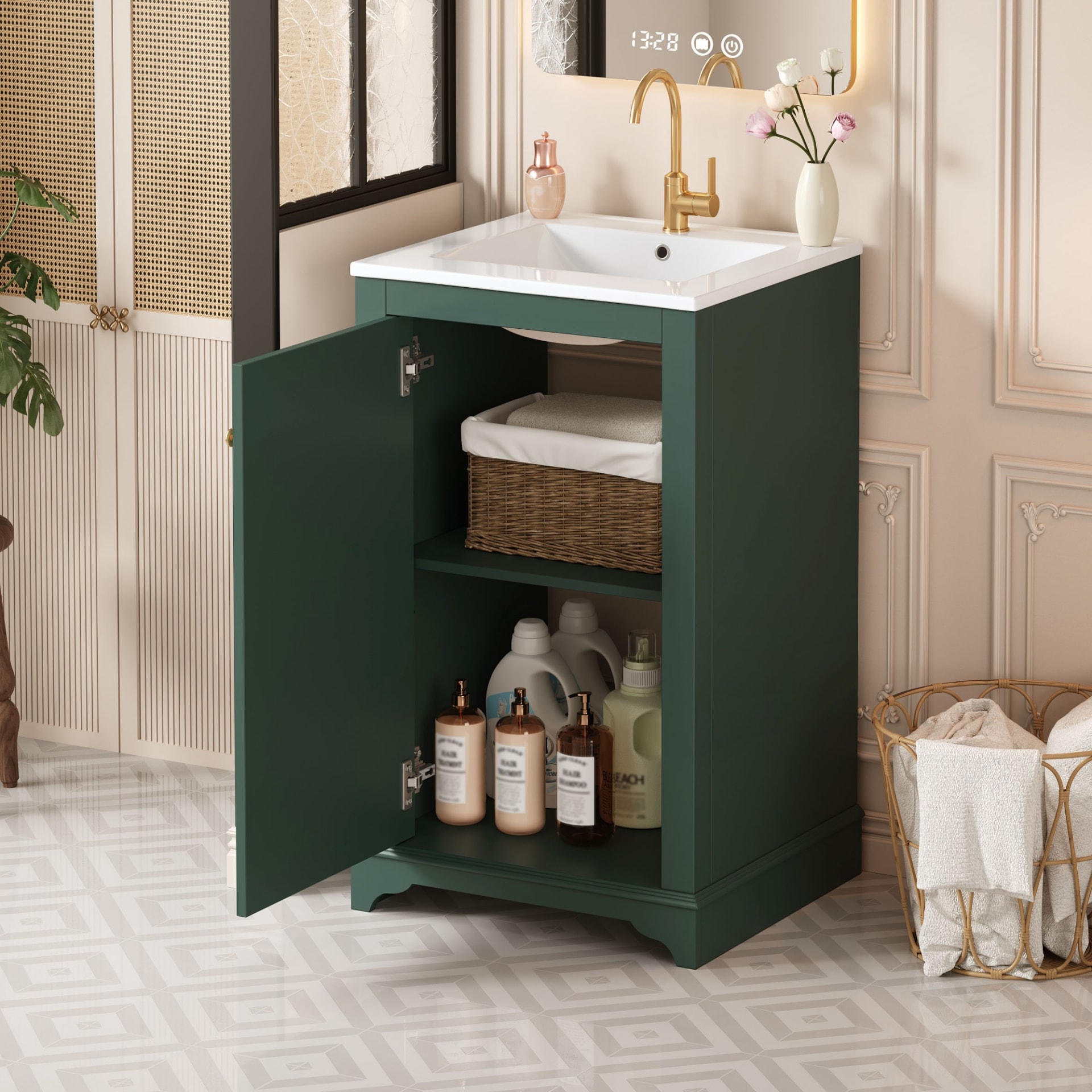 20-inch Bathroom Vanity With Ceramic Sink, Freestanding Single Vanity Set With Soft Closing Door, Adjustable Shelf, Modern Style, Green.