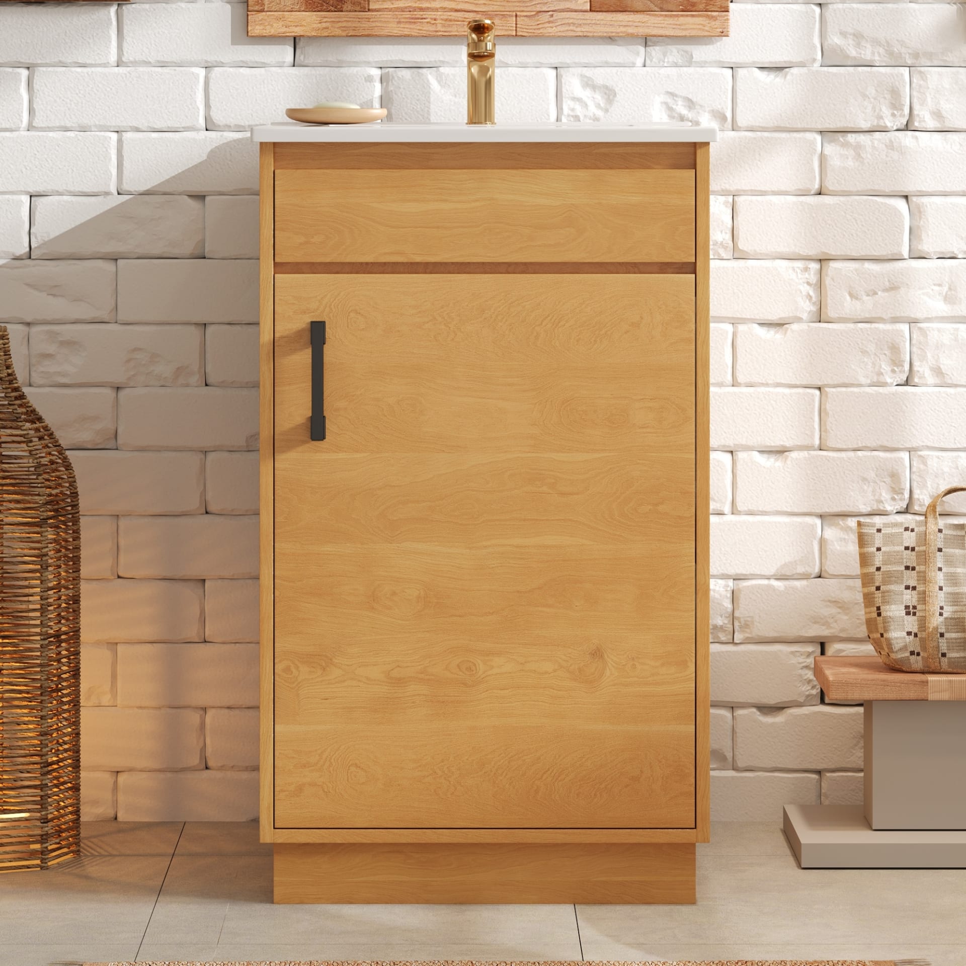 20-inch Bathroom Vanity With Ceramic Sink, Freestanding Single Vanity Set With Soft Closing Door, Adjustable Shelf, Farmhouse Style, Natural Wood. view 4