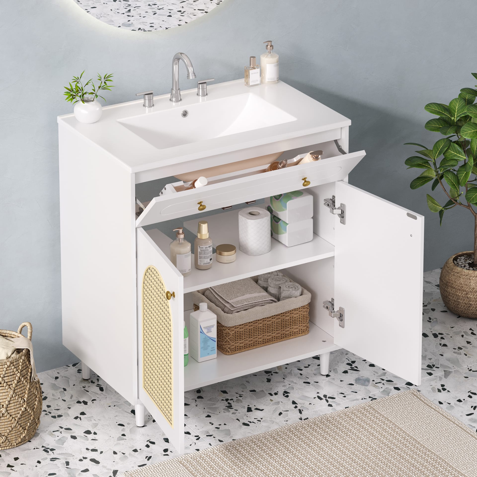 30 Bathroom Vanity With Ceramic Sink, Solid Wood Frame Bathroom Sink Cabinet With Adjustable Shelf, Tip-Drawer, Rattan Front Panels