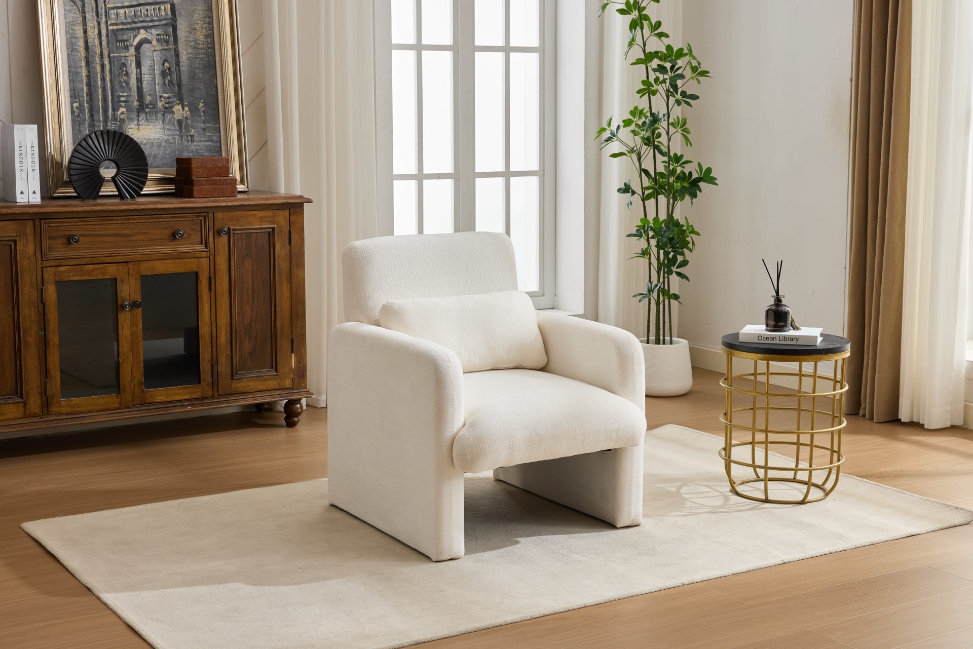 Modern Accent Chair, Contemporary Boucle Fabric Accent Armchair Comfy Upholstered Leisure Single Sofa Chair For Living Room Bedroom Apartment Office - White view 2