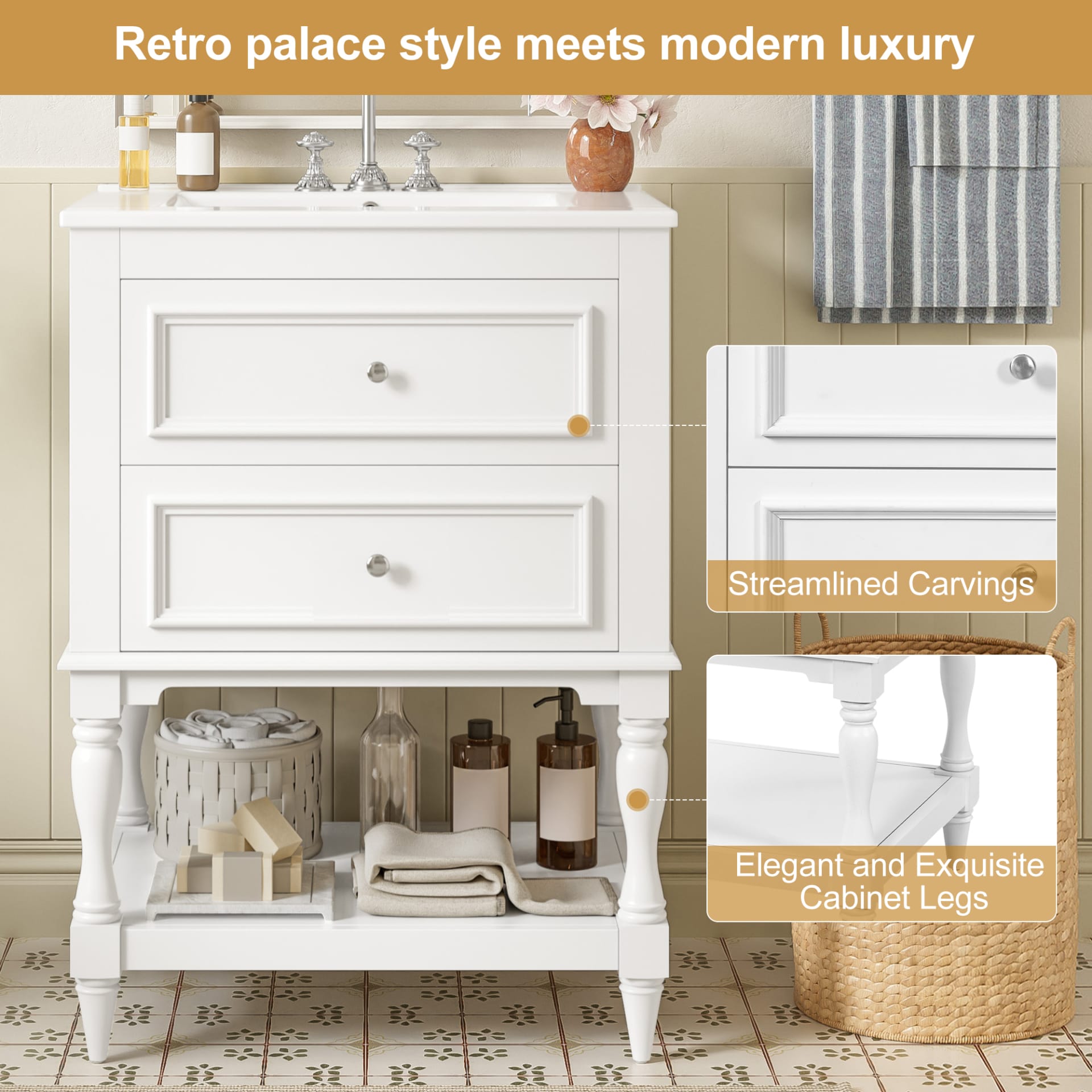 24'' Bathroom Vanity With Ceramic Sink, Bathroom Storage Cabinet With Open Shelf , Retro Design Bathroom Cabinet With 2 Drawers view 5