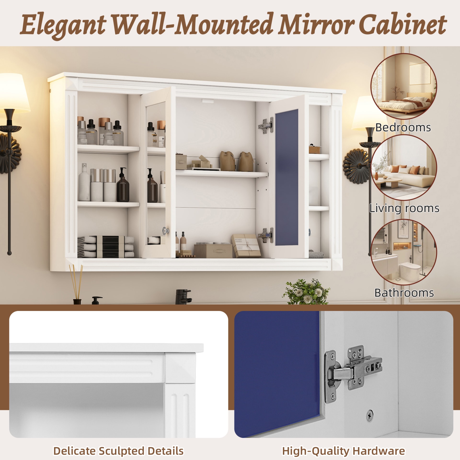 47 Inch Bathroom Mirror Cabinet With Storage, Adjustable Shelf And Open Shelves, Wall Mounted Medicine Cabinet For Bathroom, Bedroom, Vanity view 3