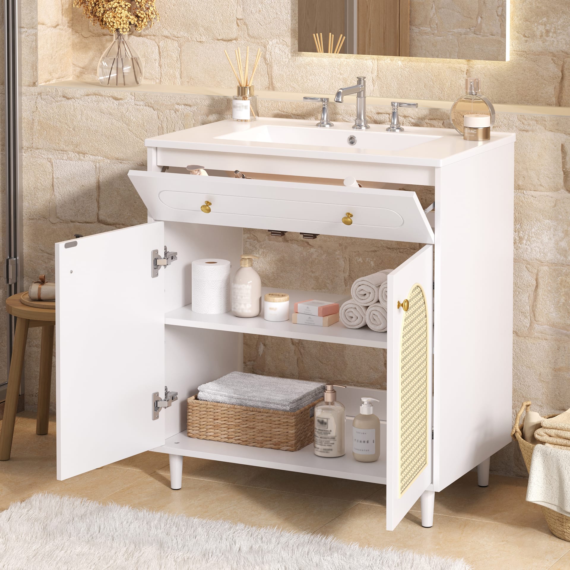 30 Bathroom Vanity With Ceramic Sink, Solid Wood Frame Bathroom Sink Cabinet With Adjustable Shelf, Tip-Drawer, Rattan Front Panels view 4