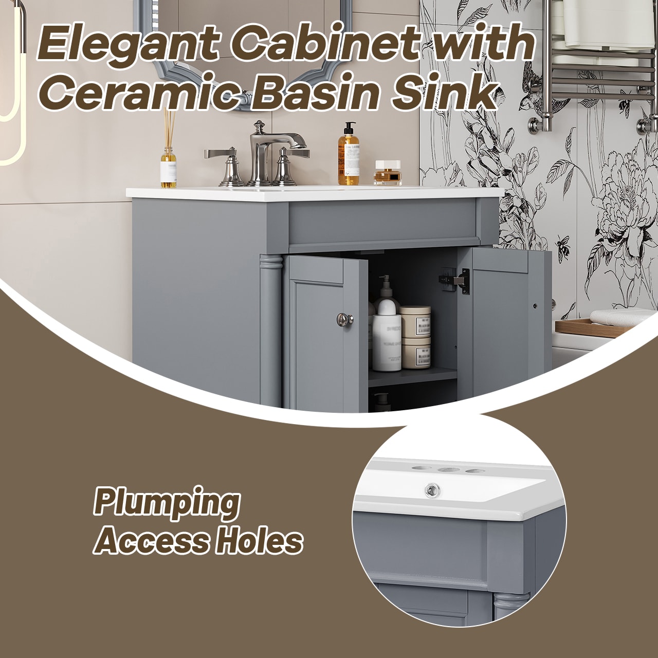 24'' Bathroom Vanity With Top Sink, 2-Tier Modern Bathroom Storage Cabinet, Single Sink Bathroom Vanity, Large Storage Shelves view 3