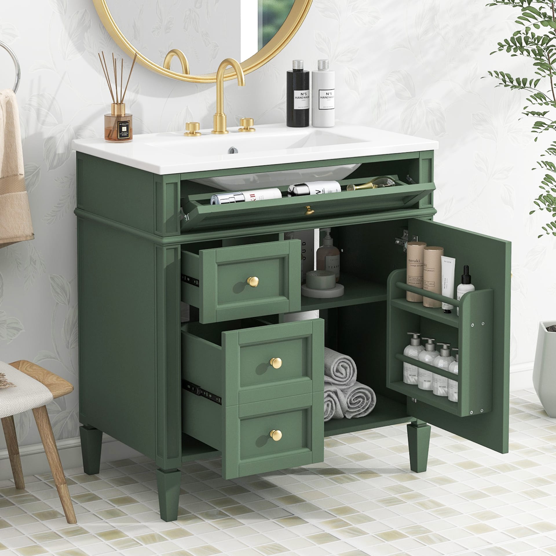 30'' Bathroom Vanity With Top Sink, Modern Bathroom Storage Cabinet With 2 Drawers And A Tip-out Drawer, Single Sink Bathroom Vanity view 5