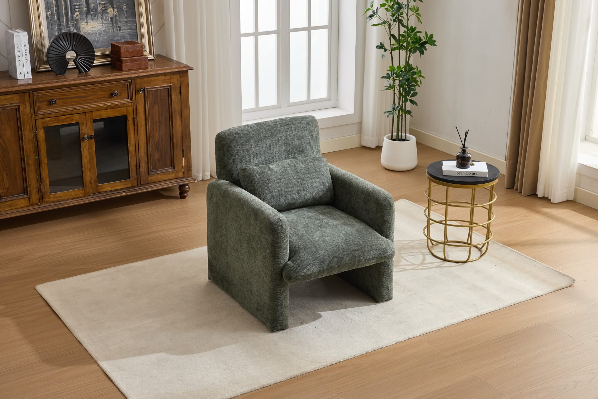 Modern Accent Chair, Contemporary Boucle Fabric Accent Armchair Comfy Upholstered Leisure Single Sofa Chair For Living Room Bedroom Apartment Office - Orange  - Green view 1