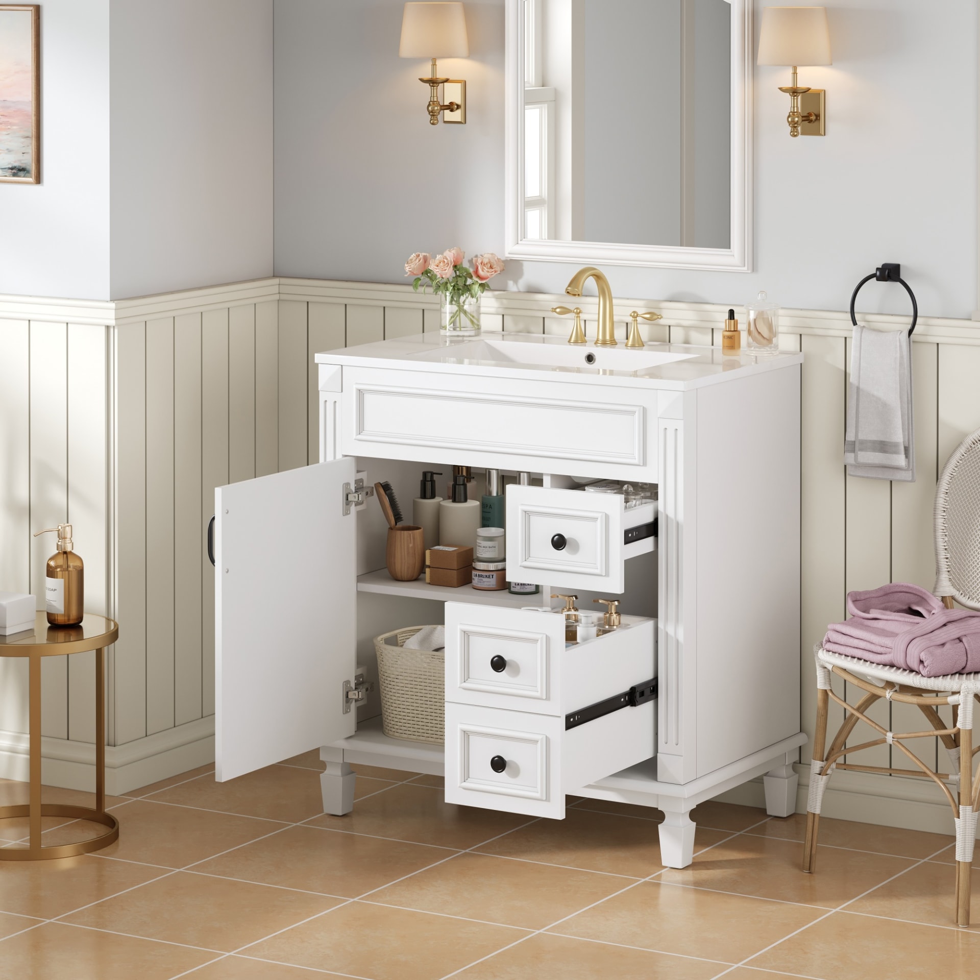 30 Bathroom Vanity With Ceramic Sink, Small Bathroom Sink Cabinet, Modern Cabinet With 2 Drawers And Adjustable Shelf view 4