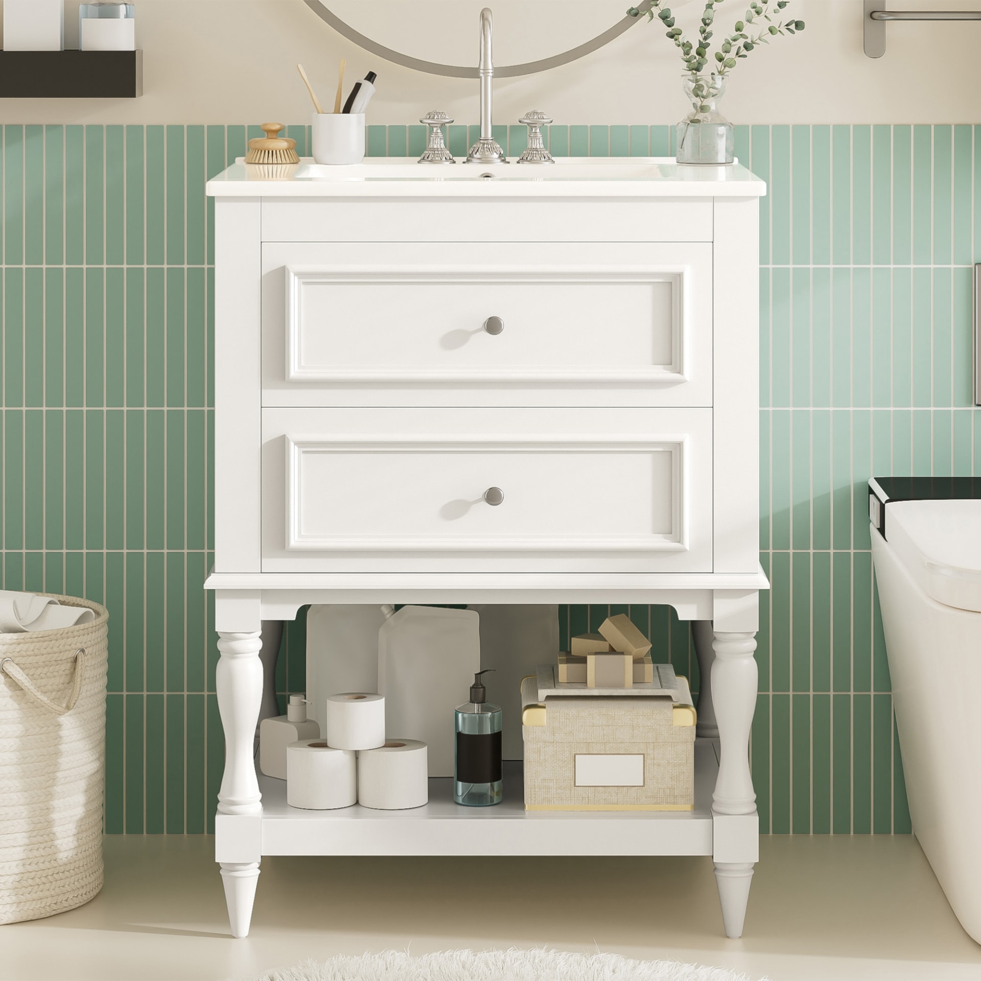 24'' Bathroom Vanity With Ceramic Sink, Bathroom Storage Cabinet With Open Shelf , Retro Design Bathroom Cabinet With 2 Drawers view 3