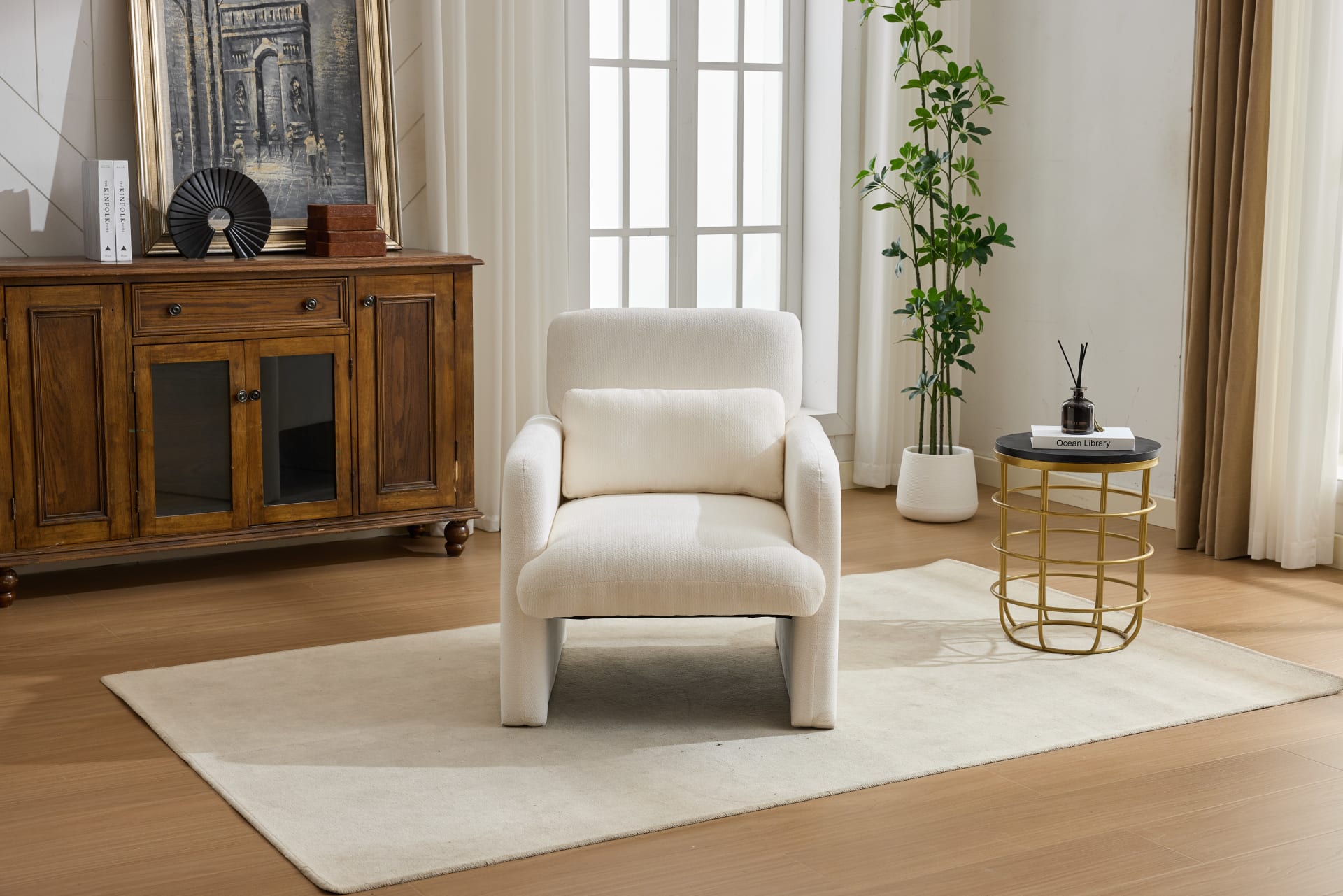 Modern Accent Chair, Contemporary Boucle Fabric Accent Armchair Comfy Upholstered Leisure Single Sofa Chair For Living Room Bedroom Apartment Office - White view 5