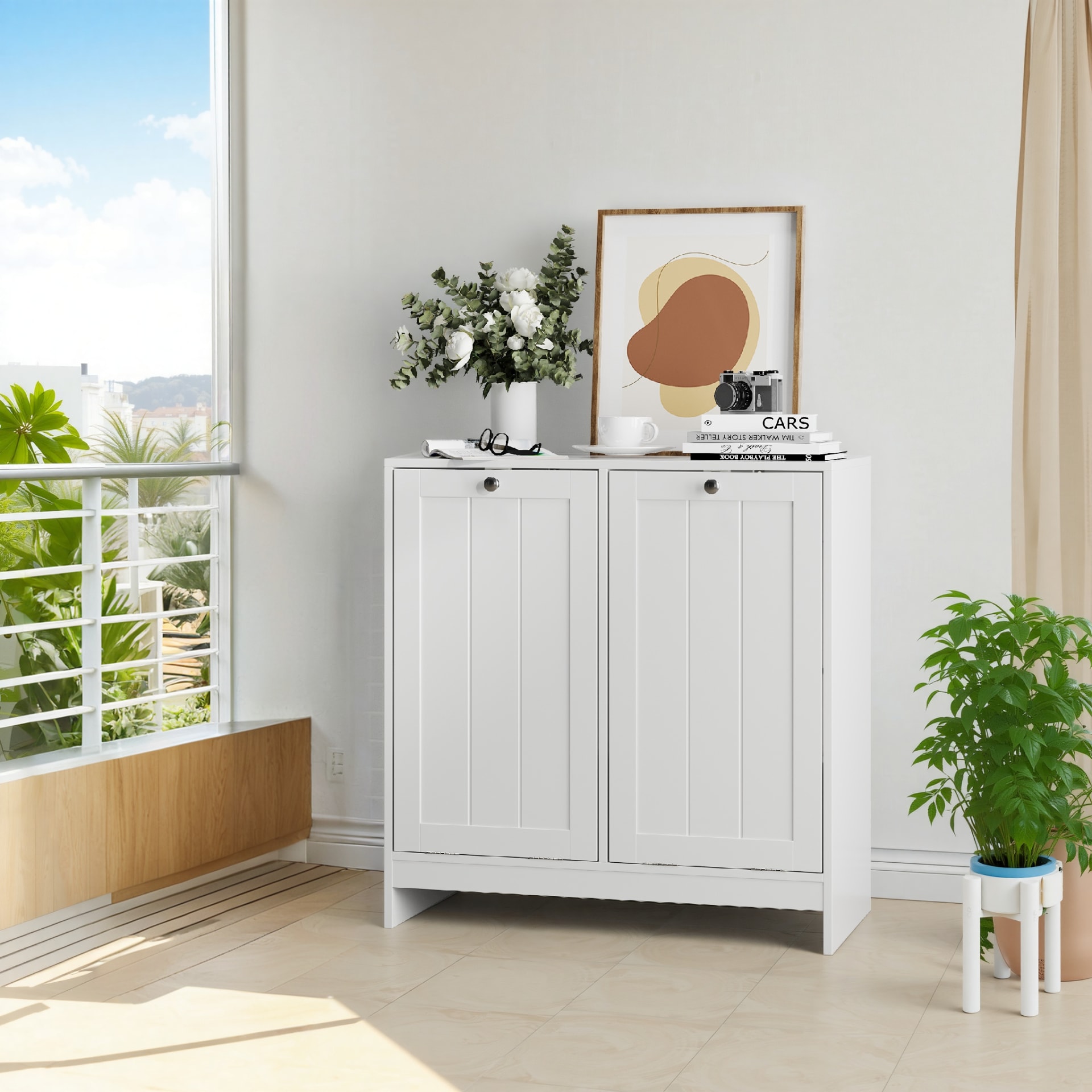 Tilted Laundry Hamper With Removable Basket, Hidden Laundry Hamper, Bathroom Laundry Hamper Storage Cabinet, Free-Standing Home Organizer, White view 3