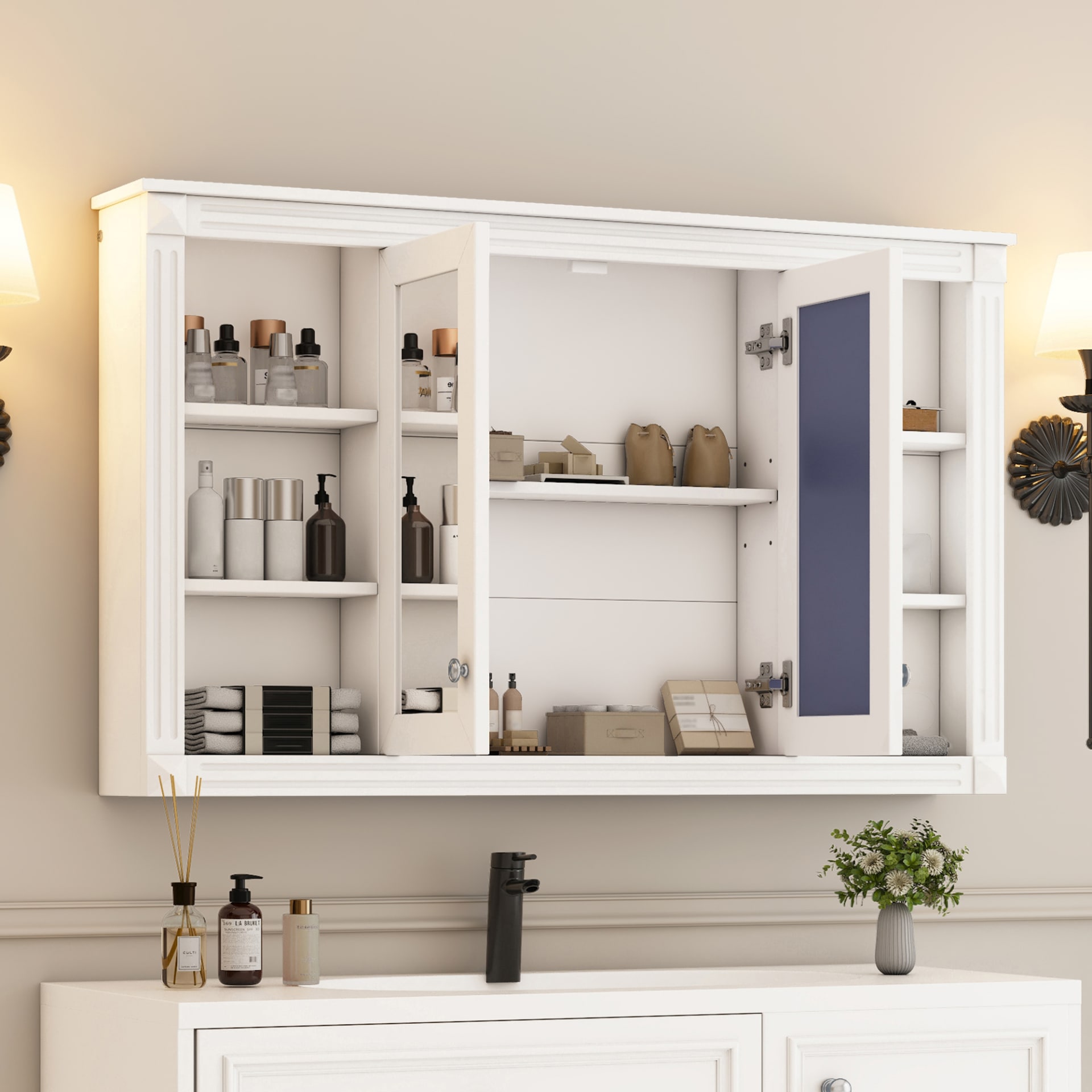 47 Inch Bathroom Mirror Cabinet With Storage, Adjustable Shelf And Open Shelves, Wall Mounted Medicine Cabinet For Bathroom, Bedroom, Vanity view 4