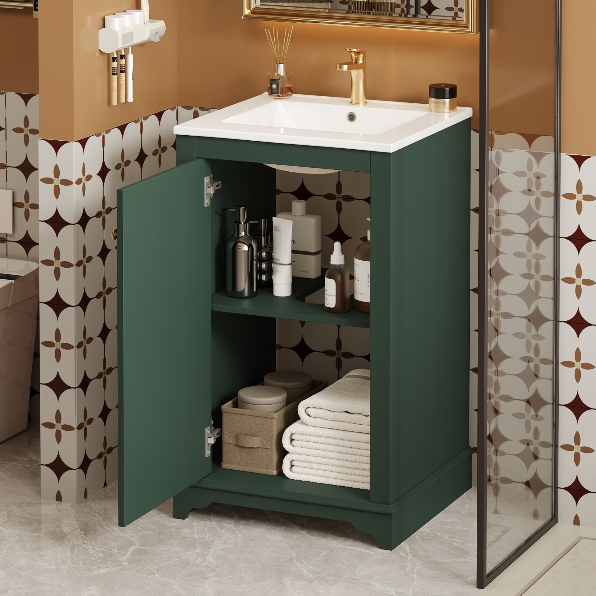 20-inch Bathroom Vanity With Ceramic Sink, Freestanding Single Vanity Set With Soft Closing Door, Adjustable Shelf, Modern Style, Green. view 2
