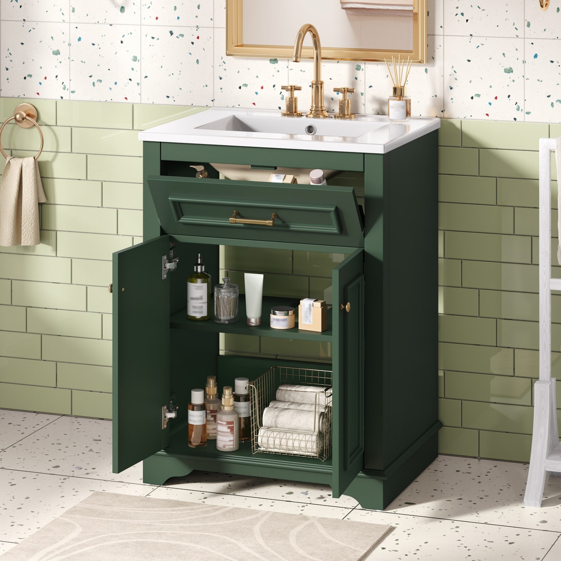 24 Bathroom Vanity With Integrated Ceramic Sink, Bathroom Cabinet With 2 Doors, 1 Tip-Out Drawer, Single Sink Bathroom Vanity For Small And Medium Restroom, Green view 3