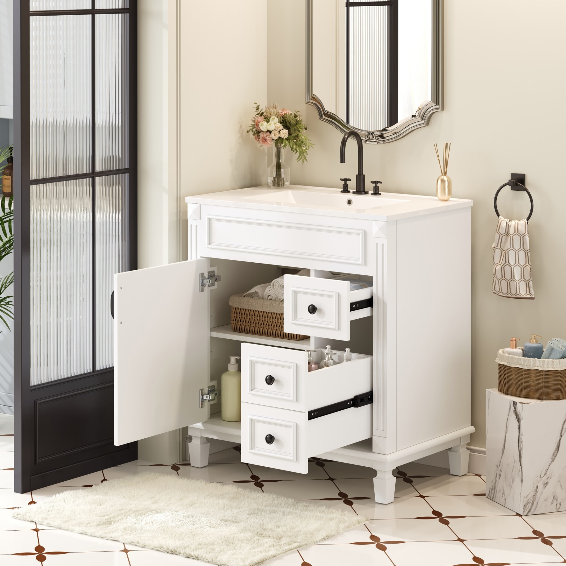 30 Bathroom Vanity With Ceramic Sink, Small Bathroom Sink Cabinet, Modern Cabinet With 2 Drawers And Adjustable Shelf view 5