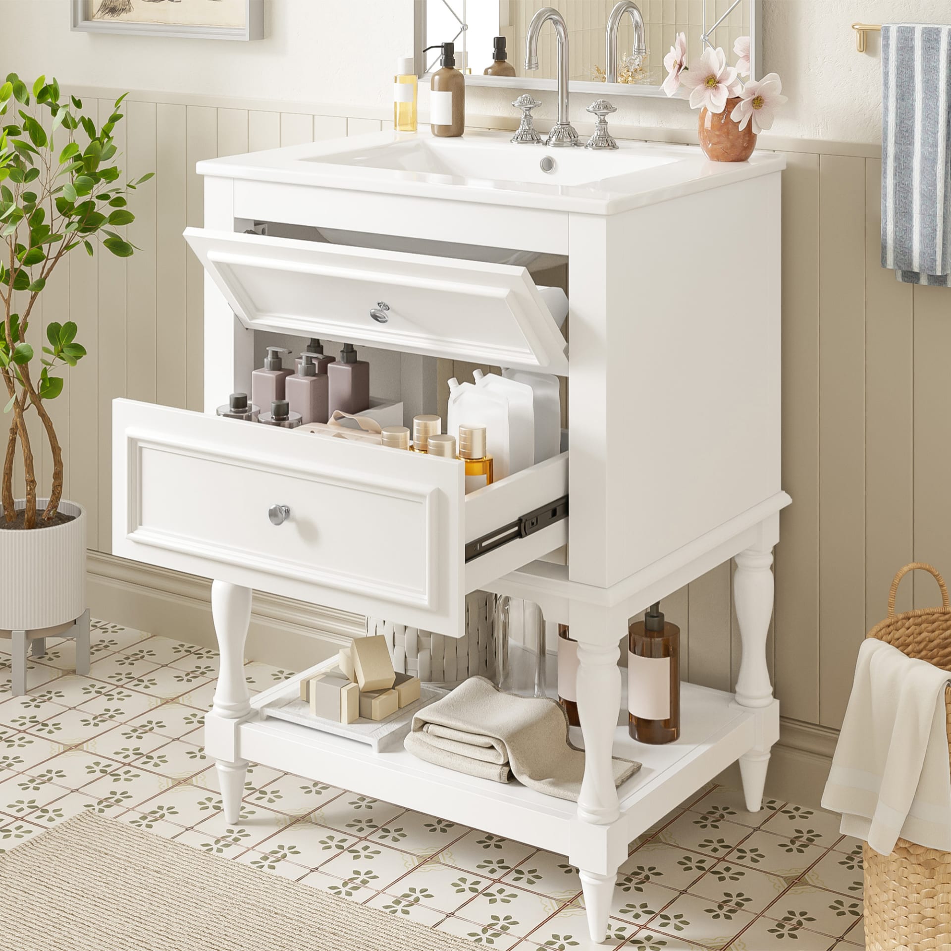 24'' Bathroom Vanity With Ceramic Sink, Bathroom Storage Cabinet With Open Shelf , Retro Design Bathroom Cabinet With 2 Drawers view 2