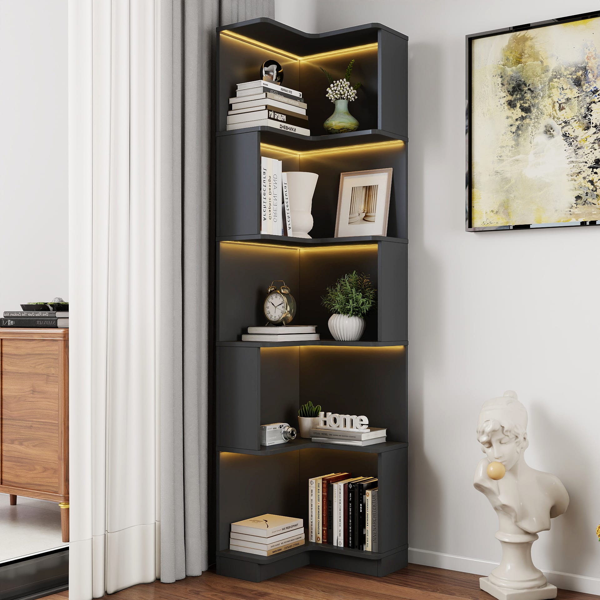 Corner Book Shelf - 5 Tier Corner Bookshelf  Bookcase With Baffle, Freestanding L Shaped Display Shelf Stand With Led Lights For Home Office, Living Room, Bedroom, Kitchen view 2