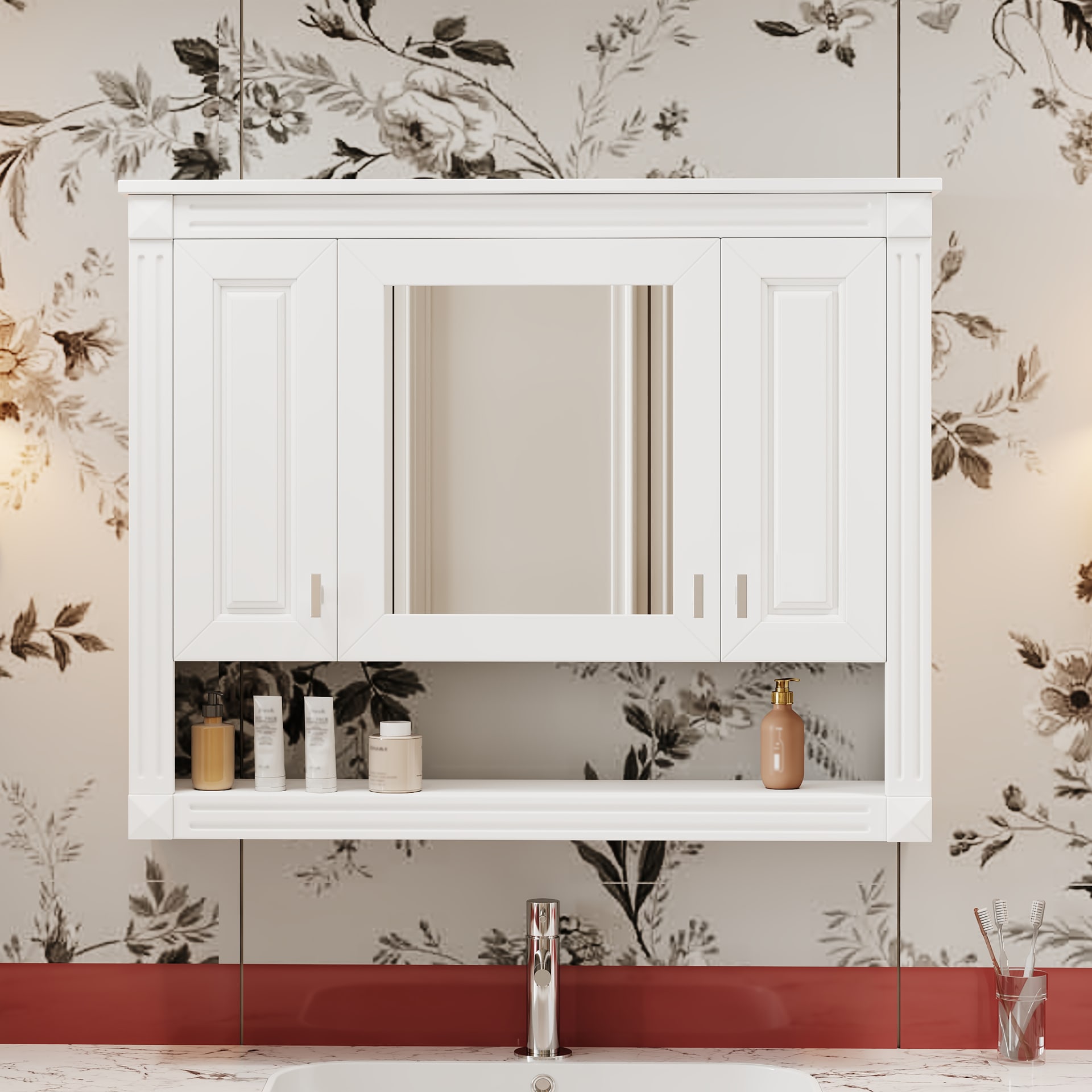 35inch Bathroom Wall Cabinet With Mirror, Wall Mounted Medicine Cabinet With Open Shelf, Mirrored Door Over Toilet Storage Cabinet, White view 2