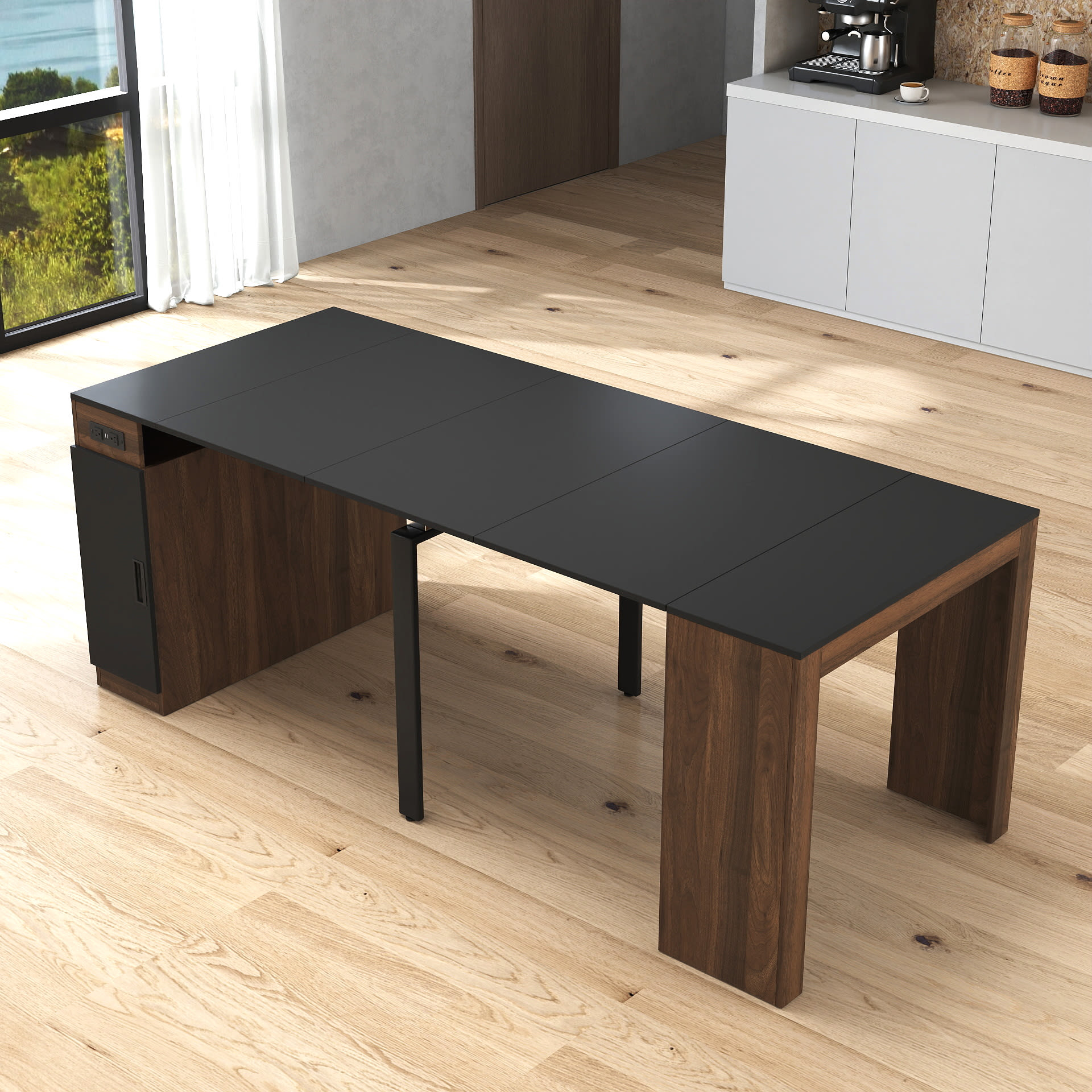 Modern Multifunctional Extendable Dining Table With Outlet, Space Saving Expanding Table With Storage For Party, Weddings, Meetings, Celebrations view 2
