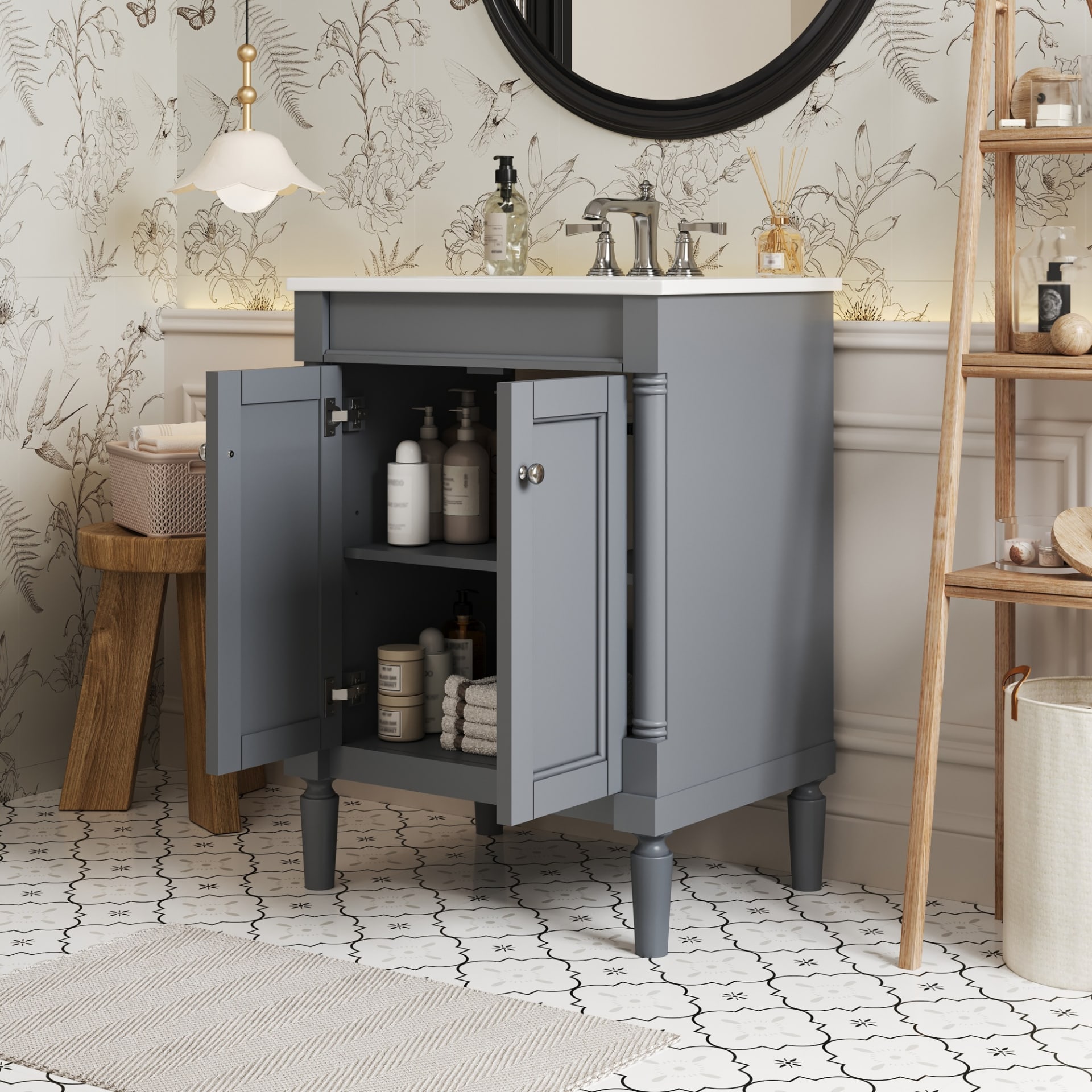 24'' Bathroom Vanity With Top Sink, 2-Tier Modern Bathroom Storage Cabinet, Single Sink Bathroom Vanity, Large Storage Shelves view 1