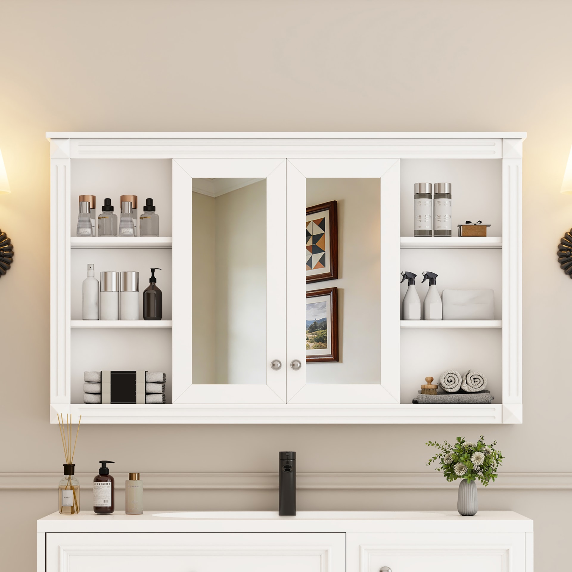 47 Inch Bathroom Mirror Cabinet With Storage, Adjustable Shelf And Open Shelves, Wall Mounted Medicine Cabinet For Bathroom, Bedroom, Vanity view 5