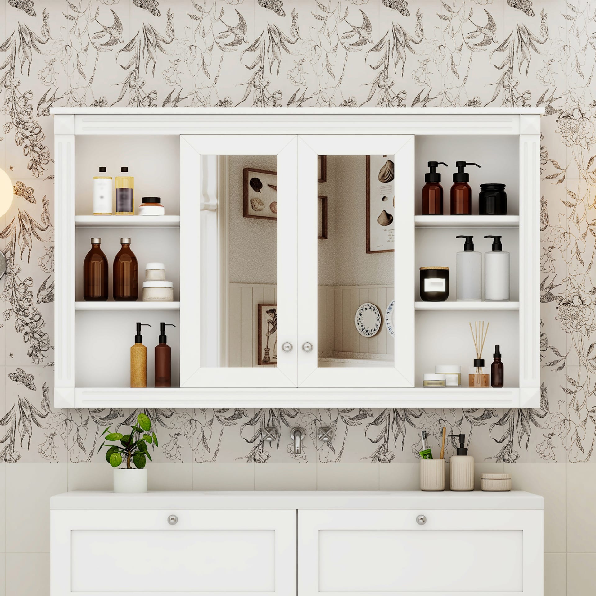 47 Inch Bathroom Mirror Cabinet With Storage, Adjustable Shelf And Open Shelves, Wall Mounted Medicine Cabinet For Bathroom, Bedroom, Vanity view 2