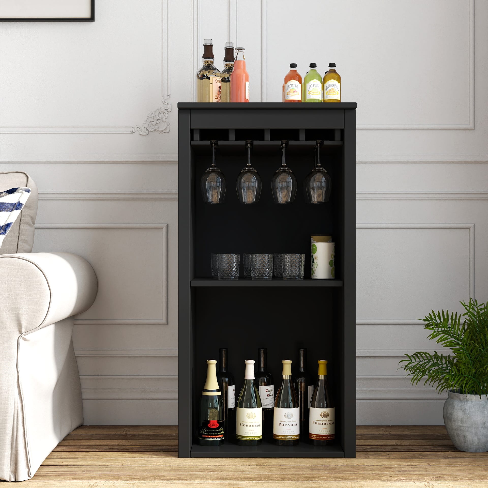 Black Color Modular Wine Bar Cabinet With Storage Shelves With Hutch For Dining Room view 4