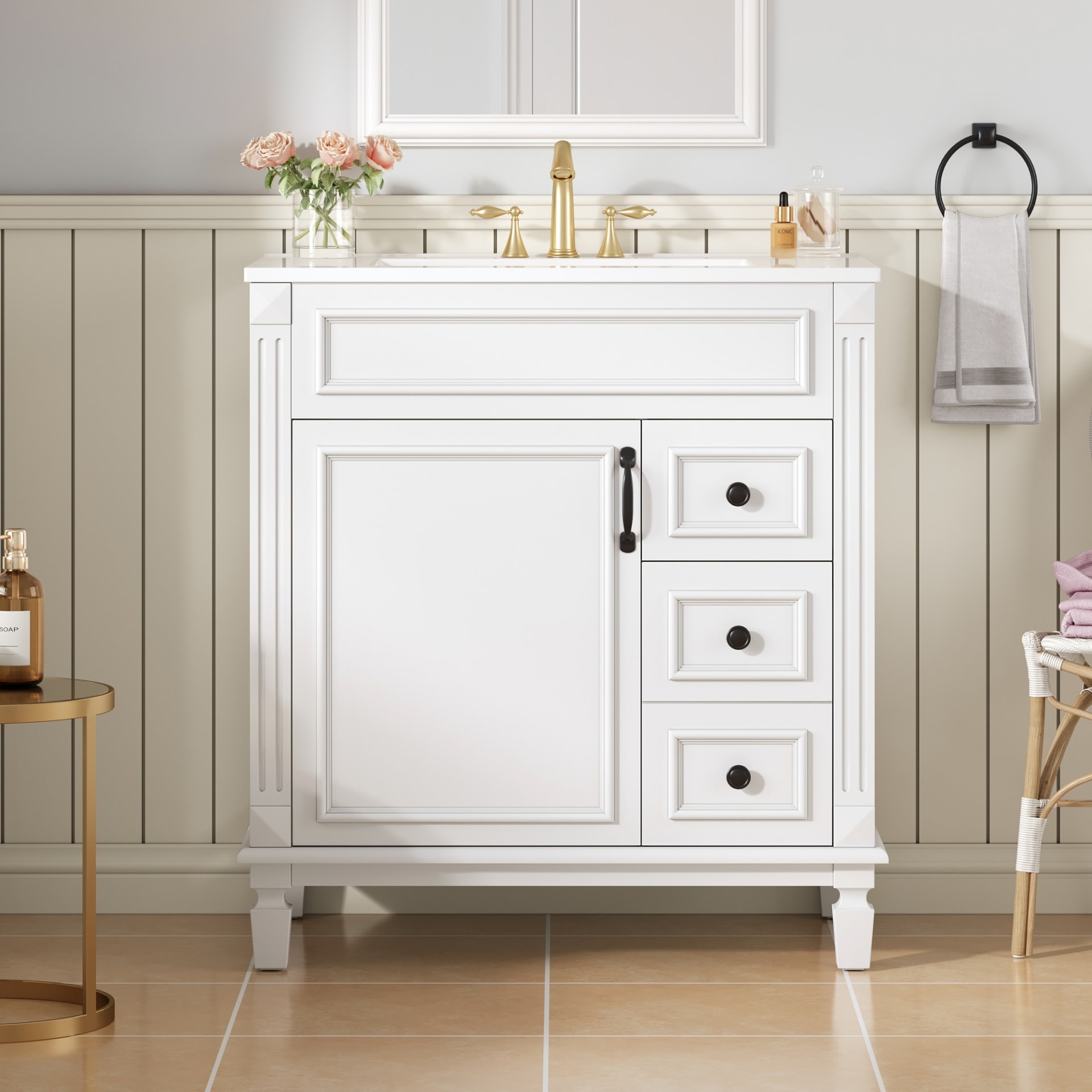 30 Bathroom Vanity With Ceramic Sink, Small Bathroom Sink Cabinet, Modern Cabinet With 2 Drawers And Adjustable Shelf