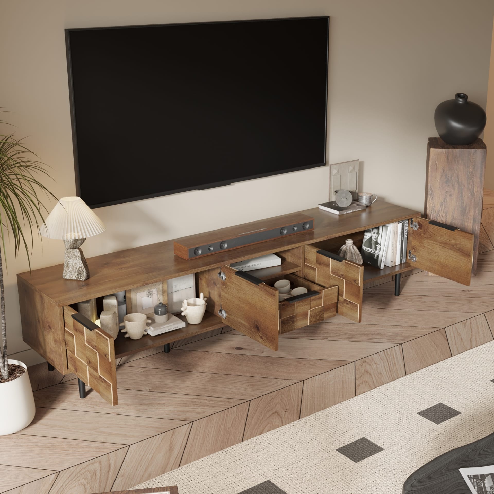 78 TV Stand For 85 75 65 Inch TV, TV Consoles For Living Room, Entertainment Center Wood TV Media With Storage view 2