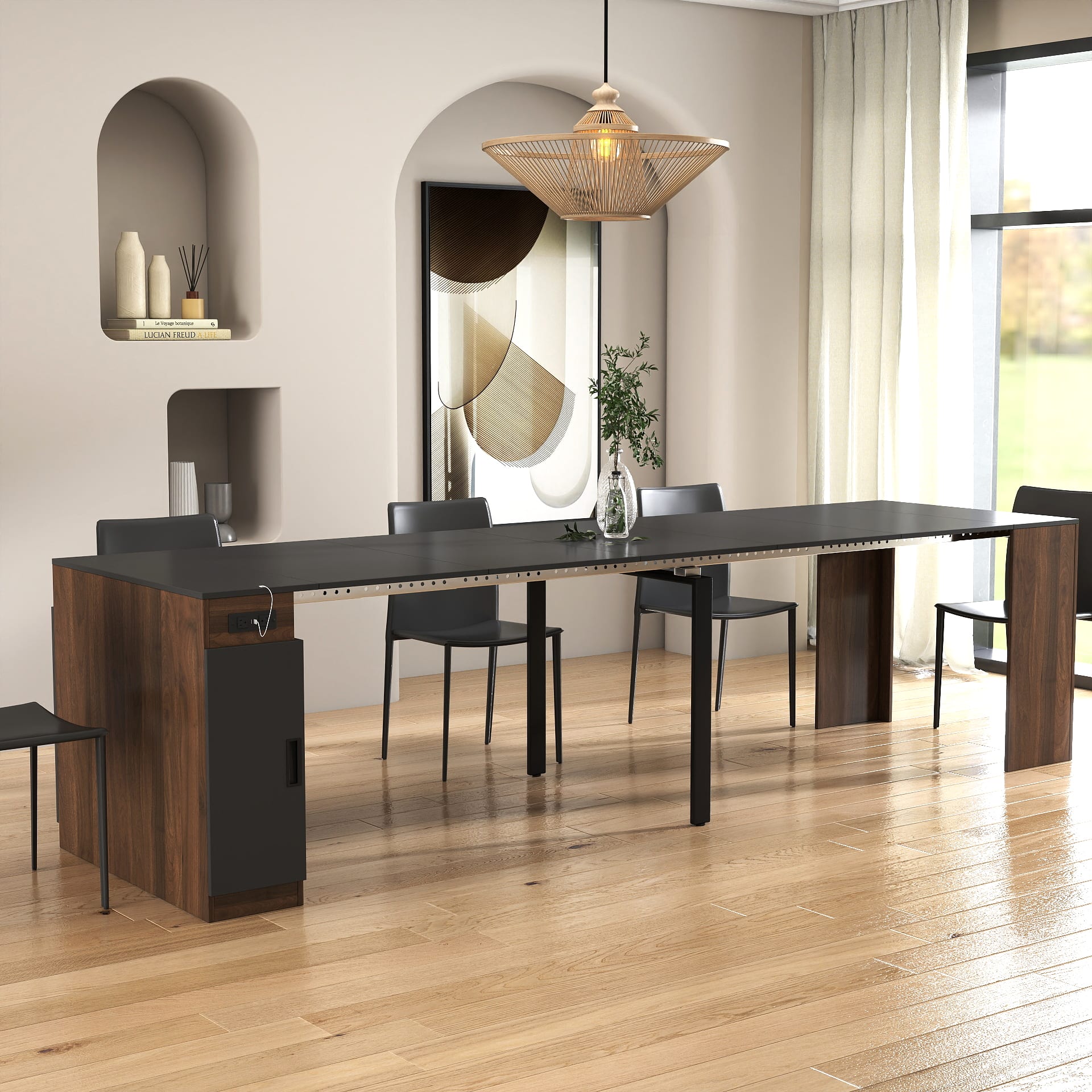 Modern Multifunctional Extendable Dining Table With Outlet, Space Saving Expanding Table With Storage For Party, Weddings, Meetings, Celebrations view 4