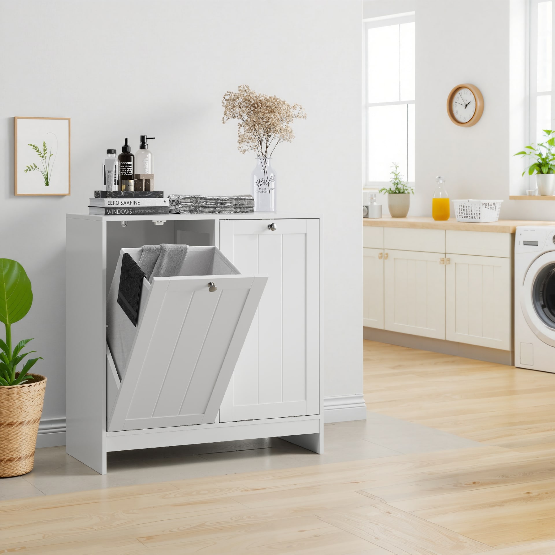 Tilted Laundry Hamper With Removable Basket, Hidden Laundry Hamper, Bathroom Laundry Hamper Storage Cabinet, Free-Standing Home Organizer, White view 4