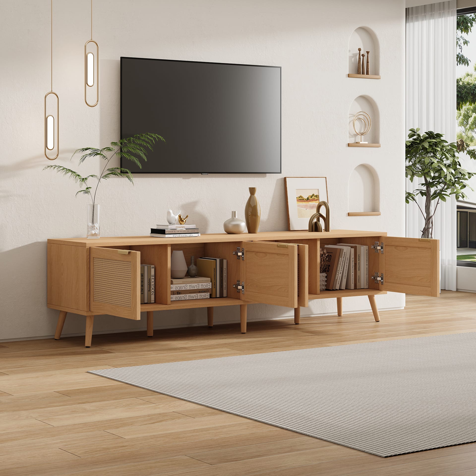 70inch Modern TV Stand With Rattan Doors For TVs Up To 80, Media Console With Storage Space & Cable Holes, Entertainment Center For Living Room view 3